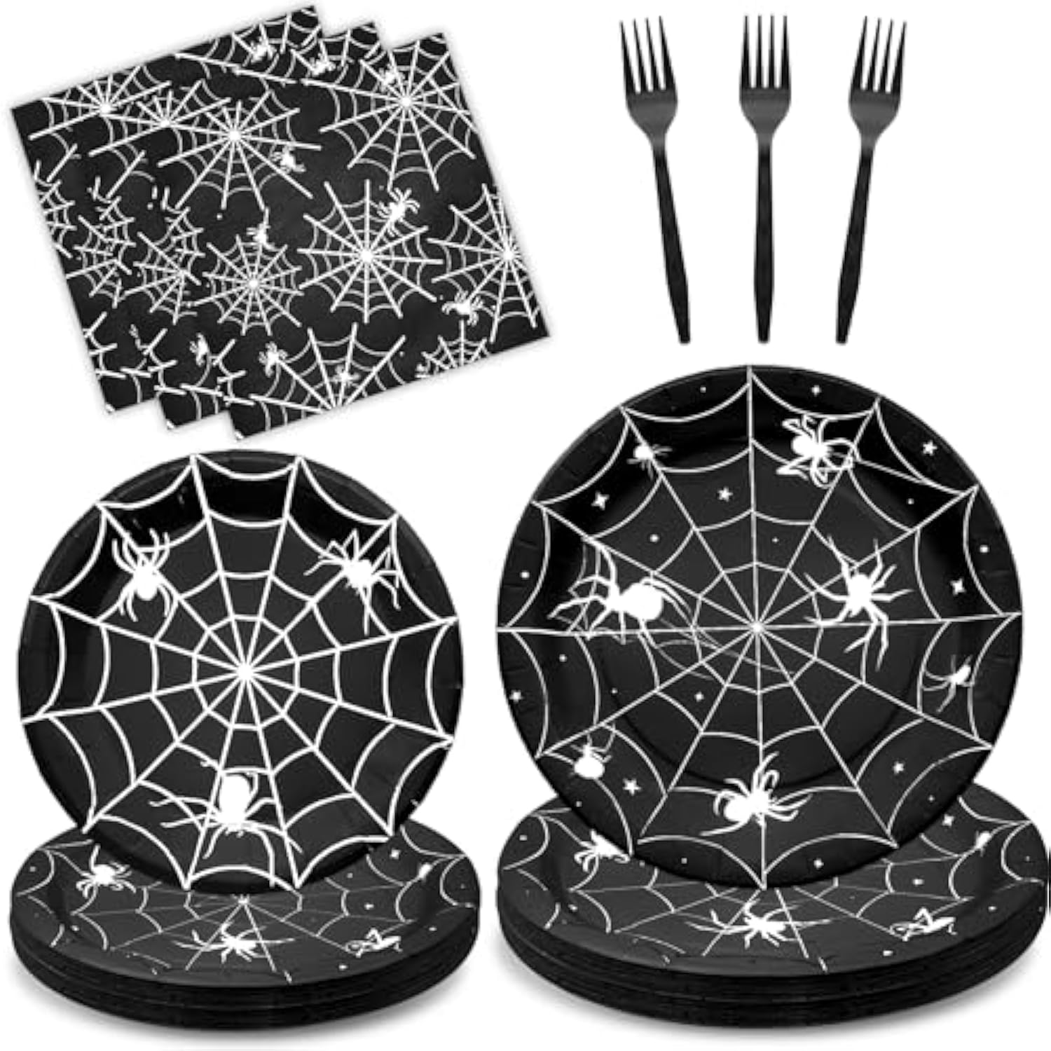 96pcs Halloween Spider Web Tableware Disposable Plates Napkins Forks Party Supplies Serves 24
