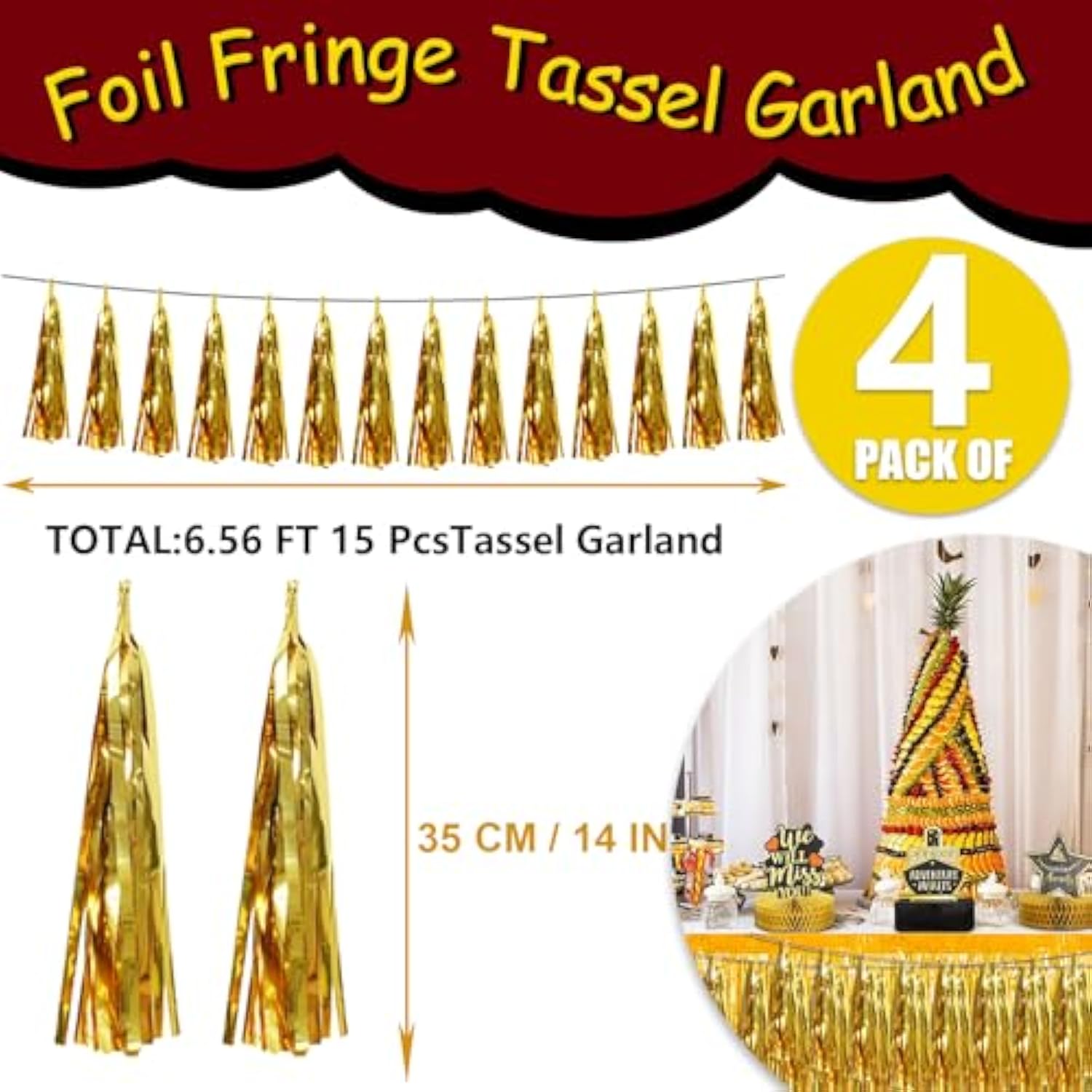 4pc Gold Foil Fringe Tassel Banners Metallic Tinsel Streamers & Backdrop