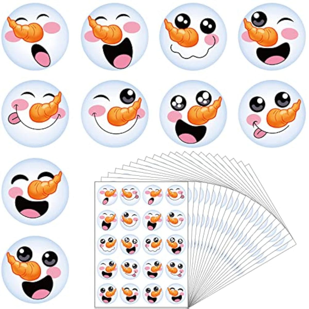 1000 Pieces Happy Snowman Stickers - Christmas Roll Circle Face Winter Holiday Label - Cute Seals Cards Fun Presents For Kids Xmas Party Decoration Supplies