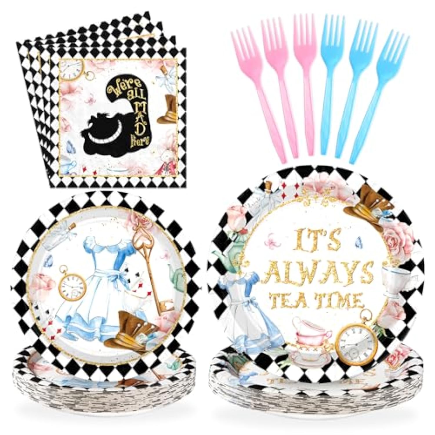 96 Pcs Alice In Onderland Party Decorations Tea Party Theme Birthday Baby Shower Paper Plates And Napkins Disposable Dessert Tableware Set For Girls Kids Birthday Baby Shower Decor Serves 24