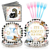 96 Pcs Alice In Onderland Party Decorations Tea Party Theme Birthday Baby Shower Paper Plates And Napkins Disposable Dessert Tableware Set For Girls Kids Birthday Baby Shower Decor Serves 24
