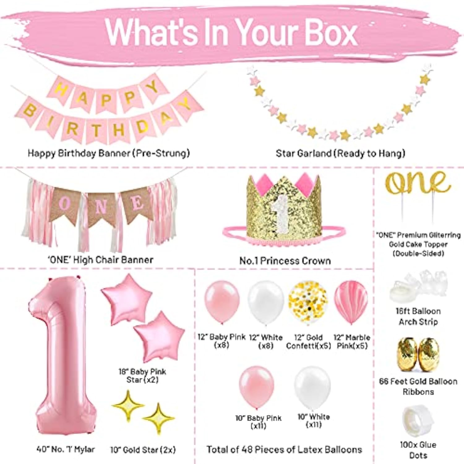 First Birthday Decorations For Girl | 1St Baby Girl Number 1 Balloon, Happy Birthday Banner, “One” Cake Topper, Star Garland, Marble Pink, Gold Confetti, Heart Balloons, Paper Tassels |