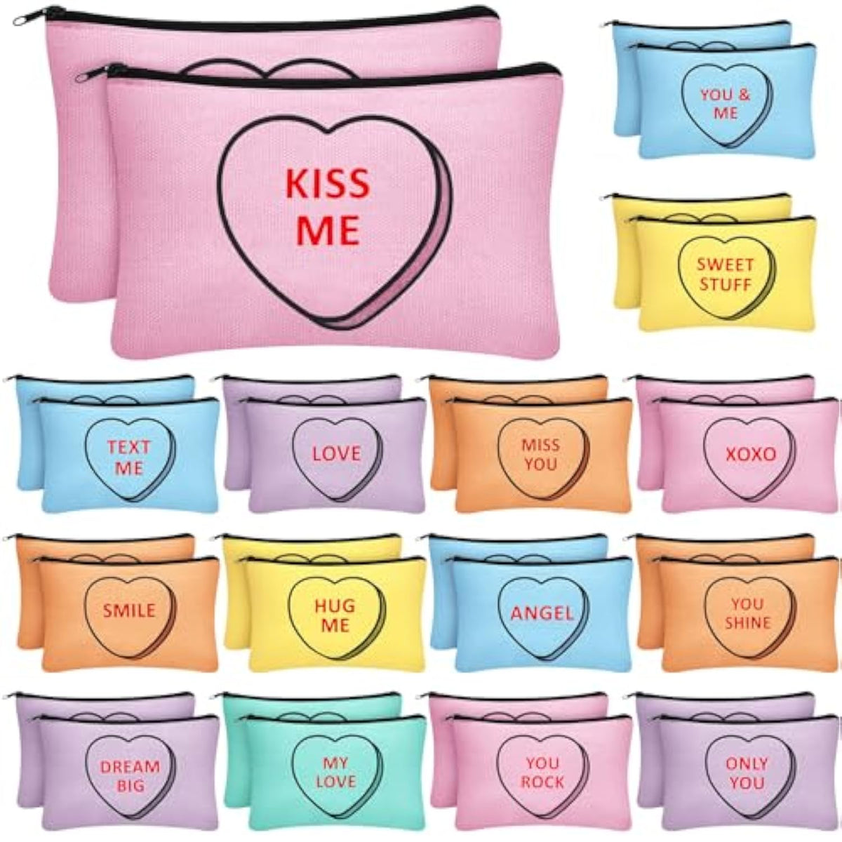 30 Pieces Valentine'S Day Makeup Bags Bulk For Women, Conversation Heart Cosmetic Bag With Zipper, Valentines Galentines Day Gift For Her Love Travel Purse Pouch Toiletry Organizer, 15 Styles