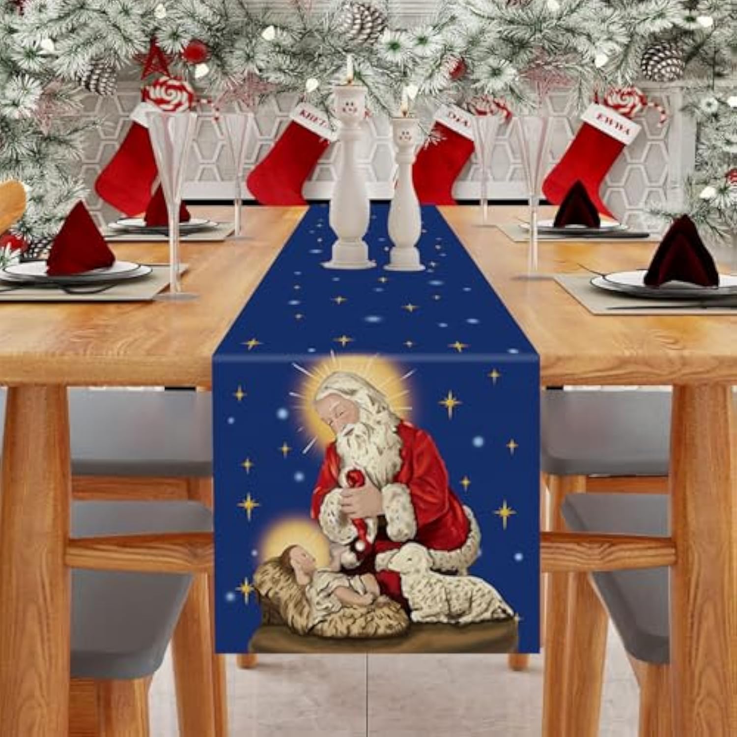 Jesus Christmas Decorations Table Runner Holy Night Nativity Santa Religious Navy Blue Kitchen Dining Table Decoration For Home Winter Xmas Holiday Indoor Decor 13X72 Inch