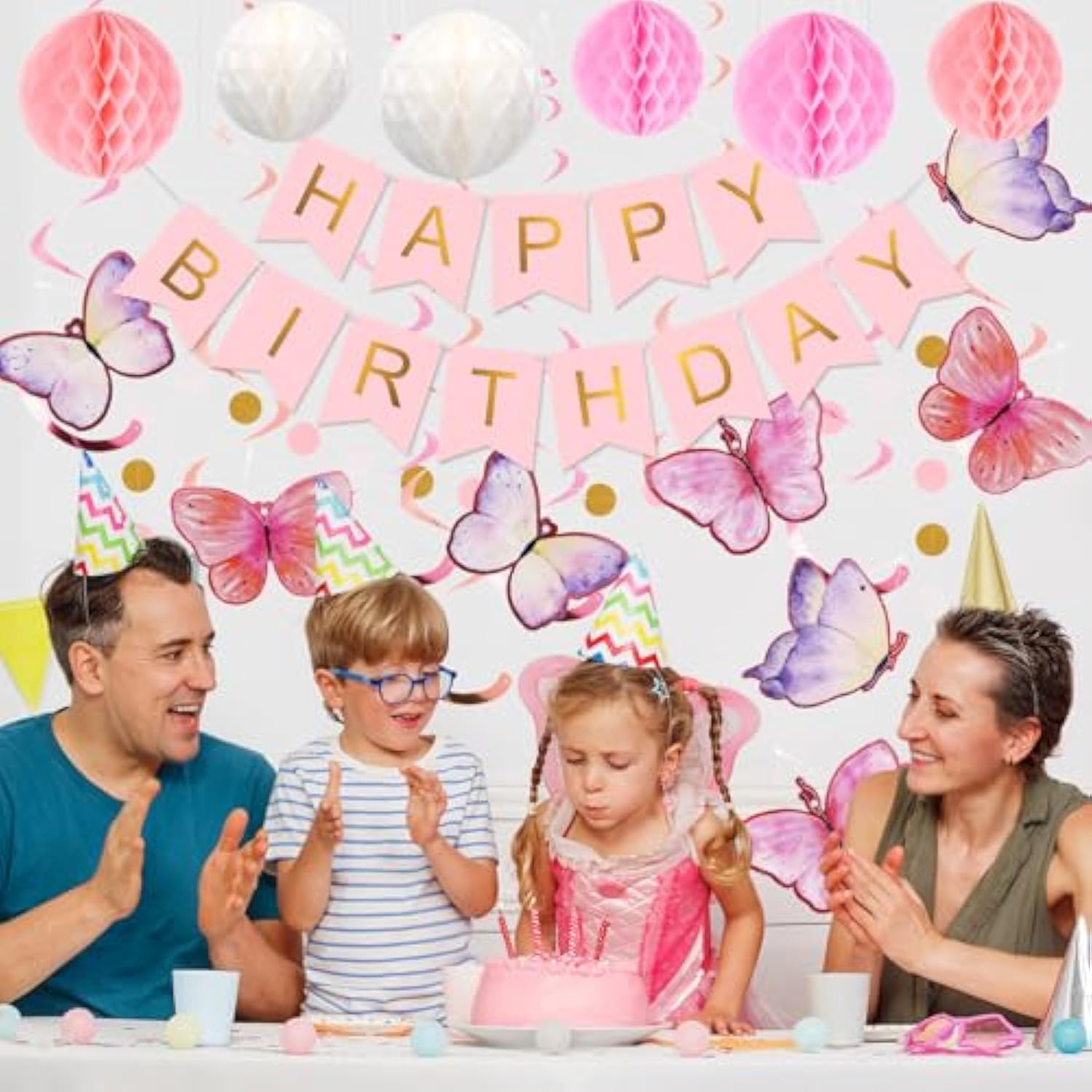 Birthday Decorations, Happy Birthday Banner With Honeycomb Balls, Butterfly Hanging Swirl Streamers, Circle Dots Garland, Happy Birthday Party Decorations For Women Men Boys Girls (Pink)