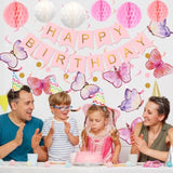 Birthday Decorations, Happy Birthday Banner With Honeycomb Balls, Butterfly Hanging Swirl Streamers, Circle Dots Garland, Happy Birthday Party Decorations For Women Men Boys Girls (Pink)