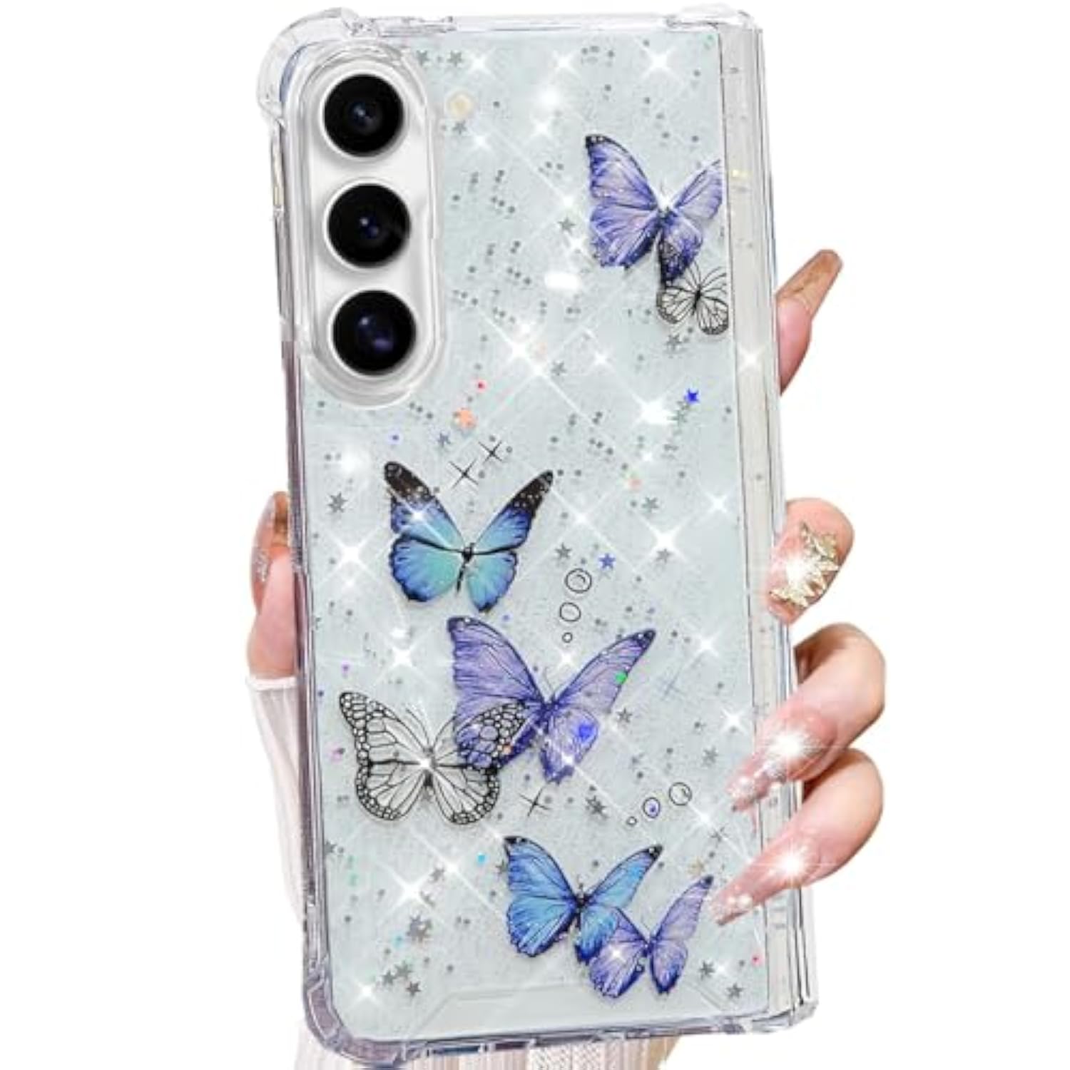 For Samsung Galaxy Z Fold 7 Clear Glitter Butterfly Case,Cute Bling Sparkle Shiny Stars Soft Tpu Silicone Four Corners Shockproof Women Girls Protective Phone Case For Galaxy Z Fold 7, Purple