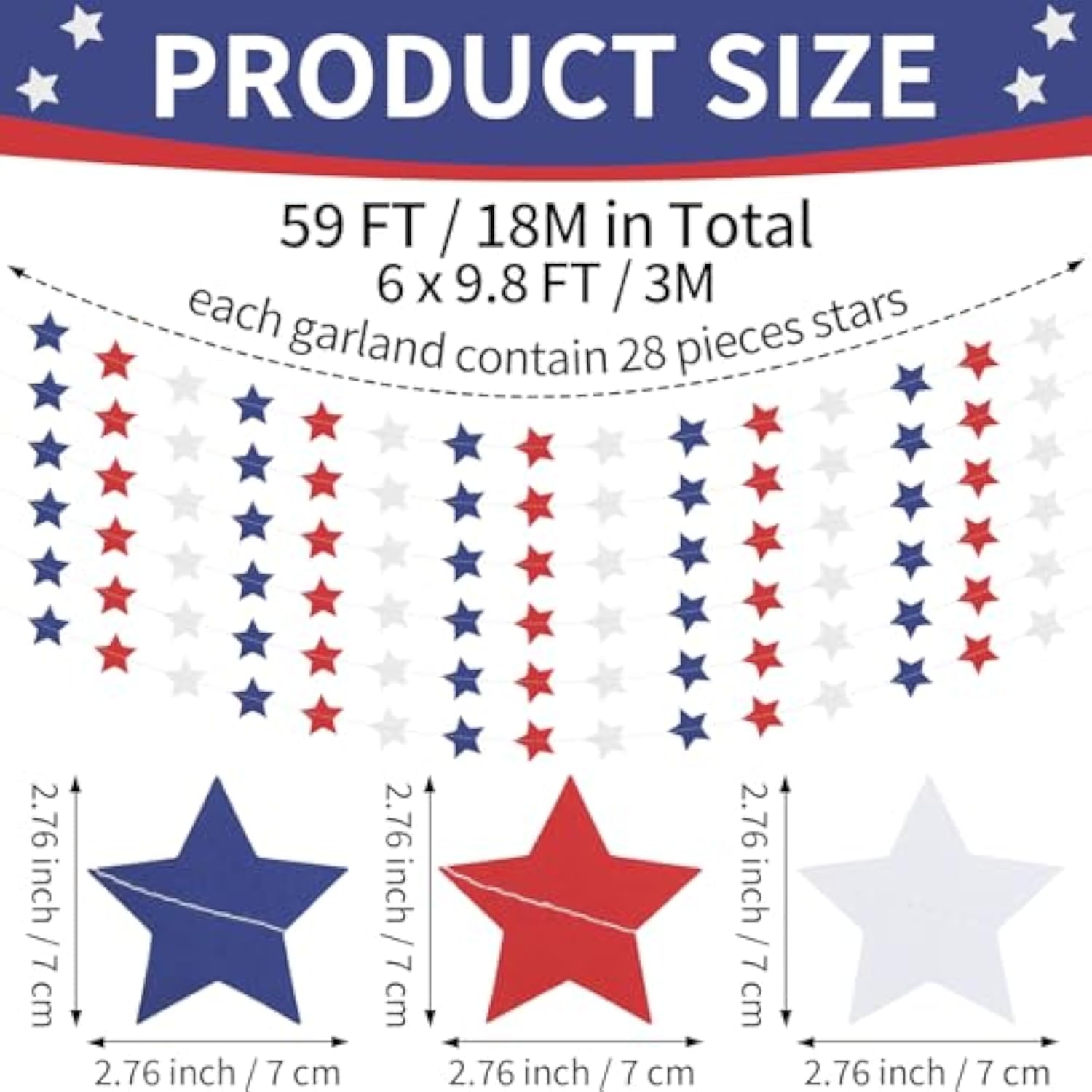 Patriotic Star Garland Banner Streamers Red White And Blue - 59 Ft 6 Strands - Patriotic Decorations For 4Th Of July, Independence Day, Labor Day, Veterans Day, Memorial Day
