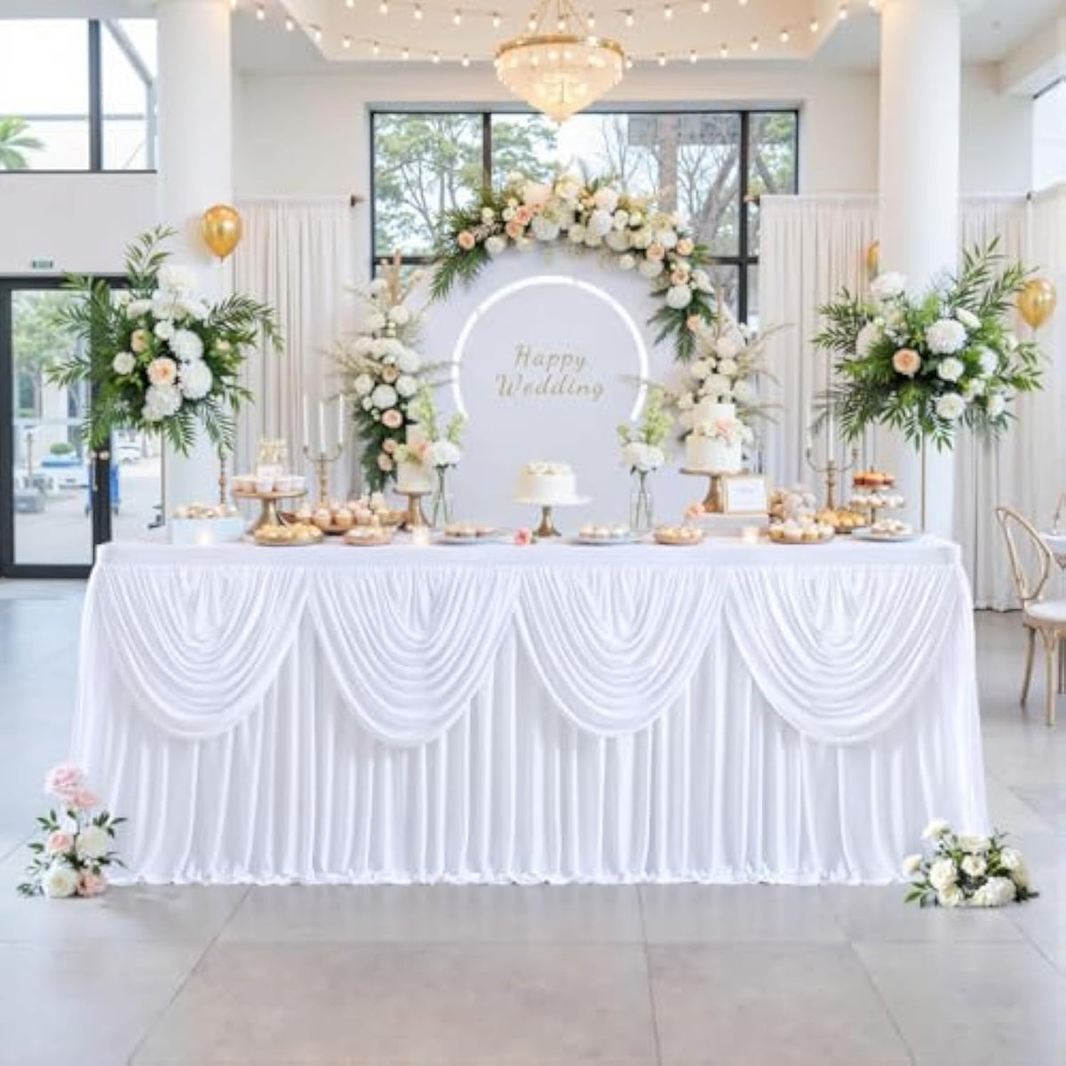 White Tutu Table Skirts For Rectangle Tables 6Ft Draped Pleated Table Skirt Polyester Tablecloth For Birthday Party Banquet Wedding Baby Shower