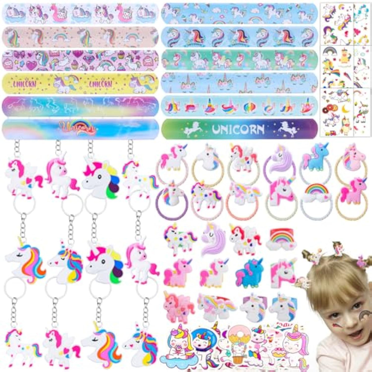 133Pcs Unicorn Party Favors Pack - Unicorn Theme Birthday Party Decoration With Bracelets, Hair Rings, Key Chains, Tattoos, Pinata Fillers