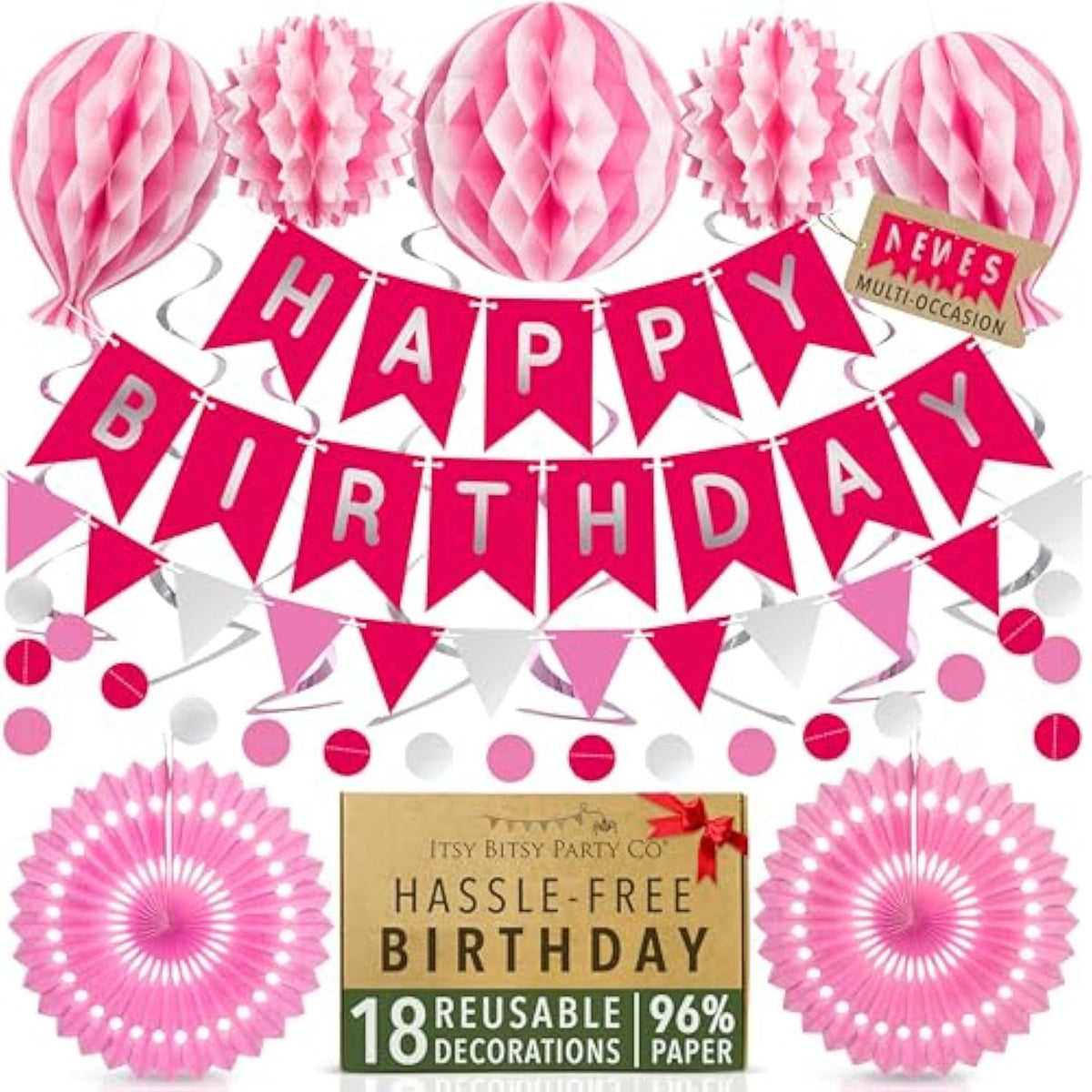 Premium Reusable Pink Birthday Decorations with Banner & Paper Fans for Women