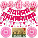 Premium Reusable Pink Birthday Decorations with Banner & Paper Fans for Women