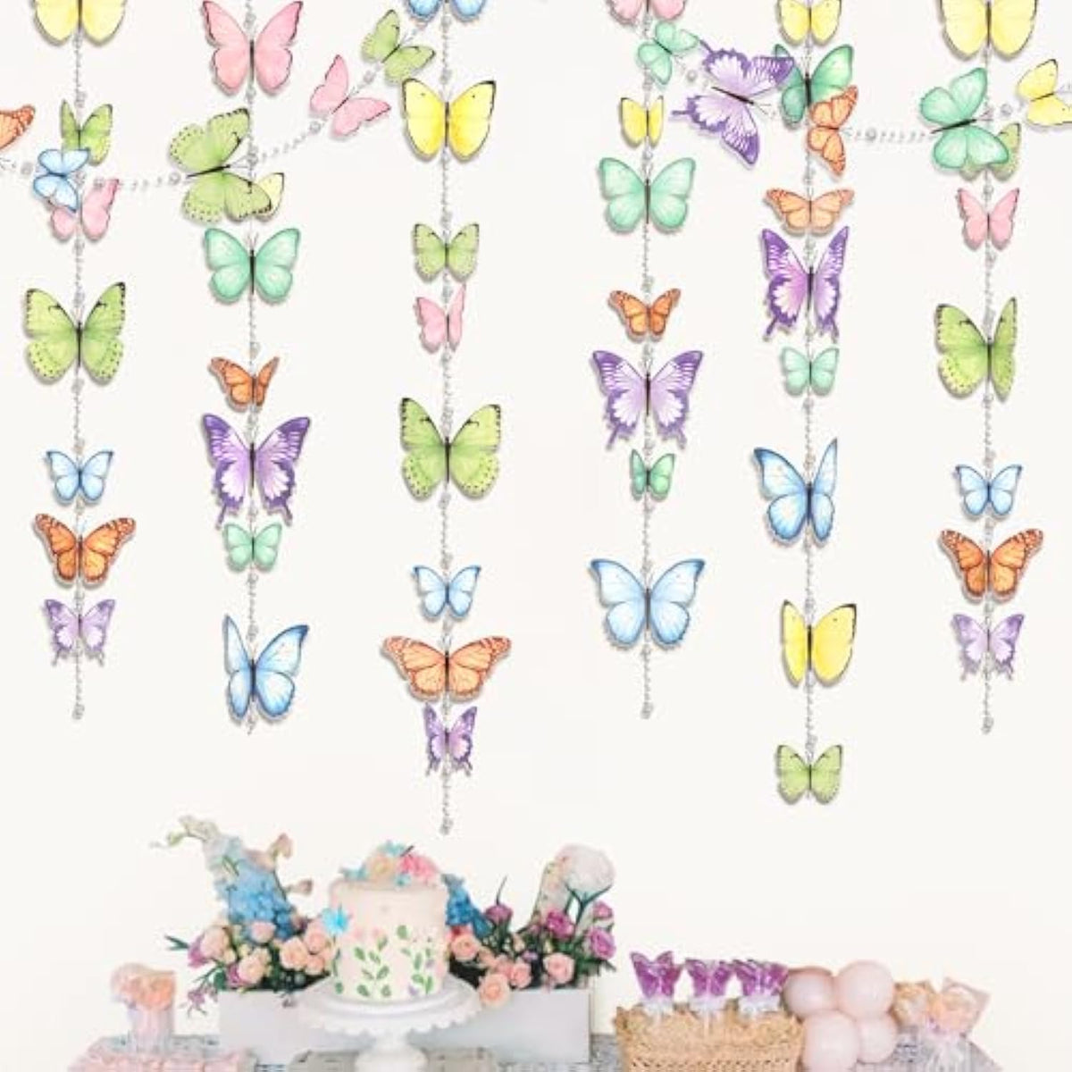 Butterfly Garlands Garden Party Decorations Pastel Floral Banner Butterflies Streamers Beads For Birthday Baby Shower Classroom Picnic Bridal Shower Spring Tea Fairy Backdrop Hanging Decor