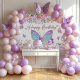 Purple Pink Butterfly Birthday Banner 70.8×43.3 Inch Party Backdrop