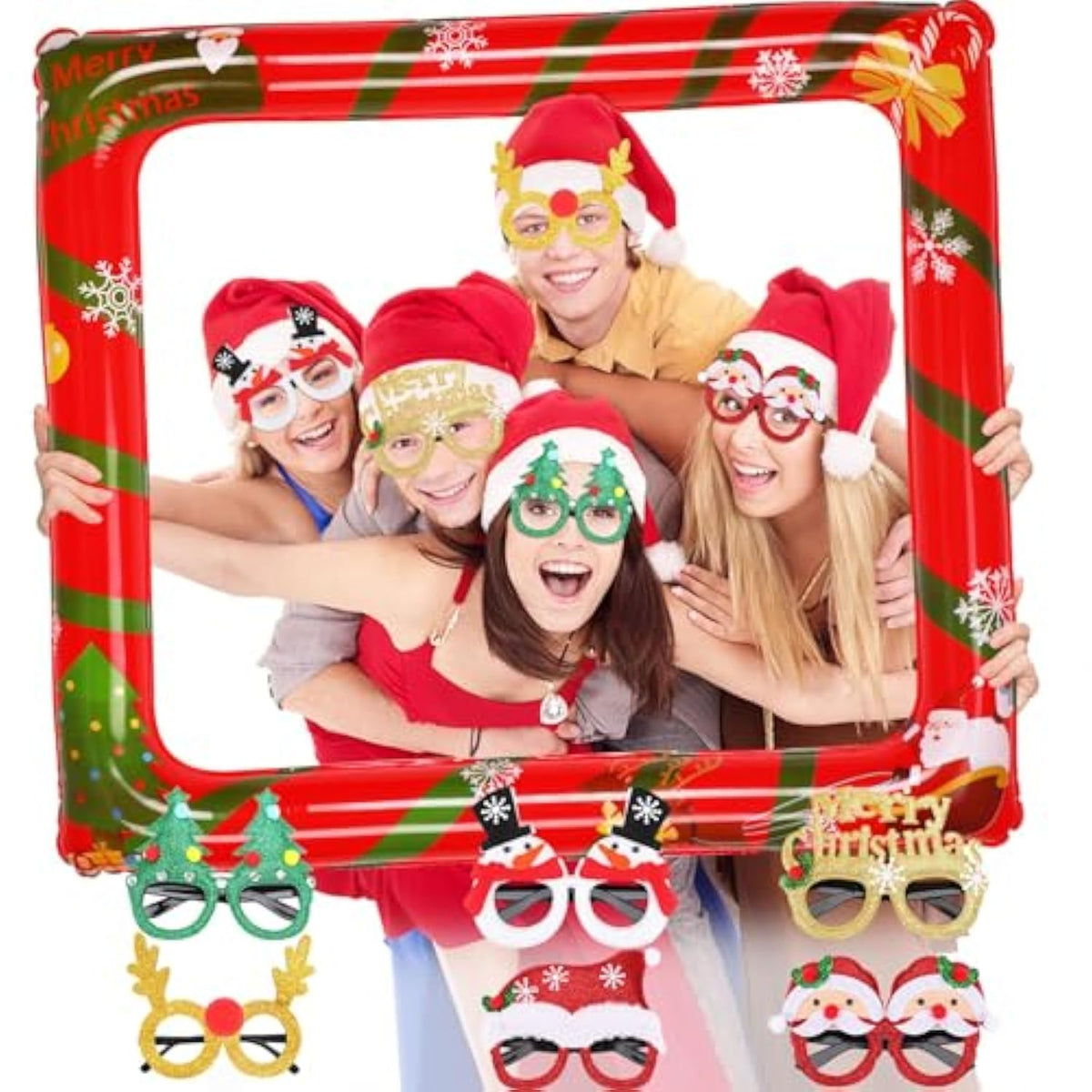 Christmas Photo Booth Props And Glasses - 6 Pcs Glitter Frames For Winter Xmas Holiday Activities, New Year Party Favors, Supplies, Games - One Size Fits All