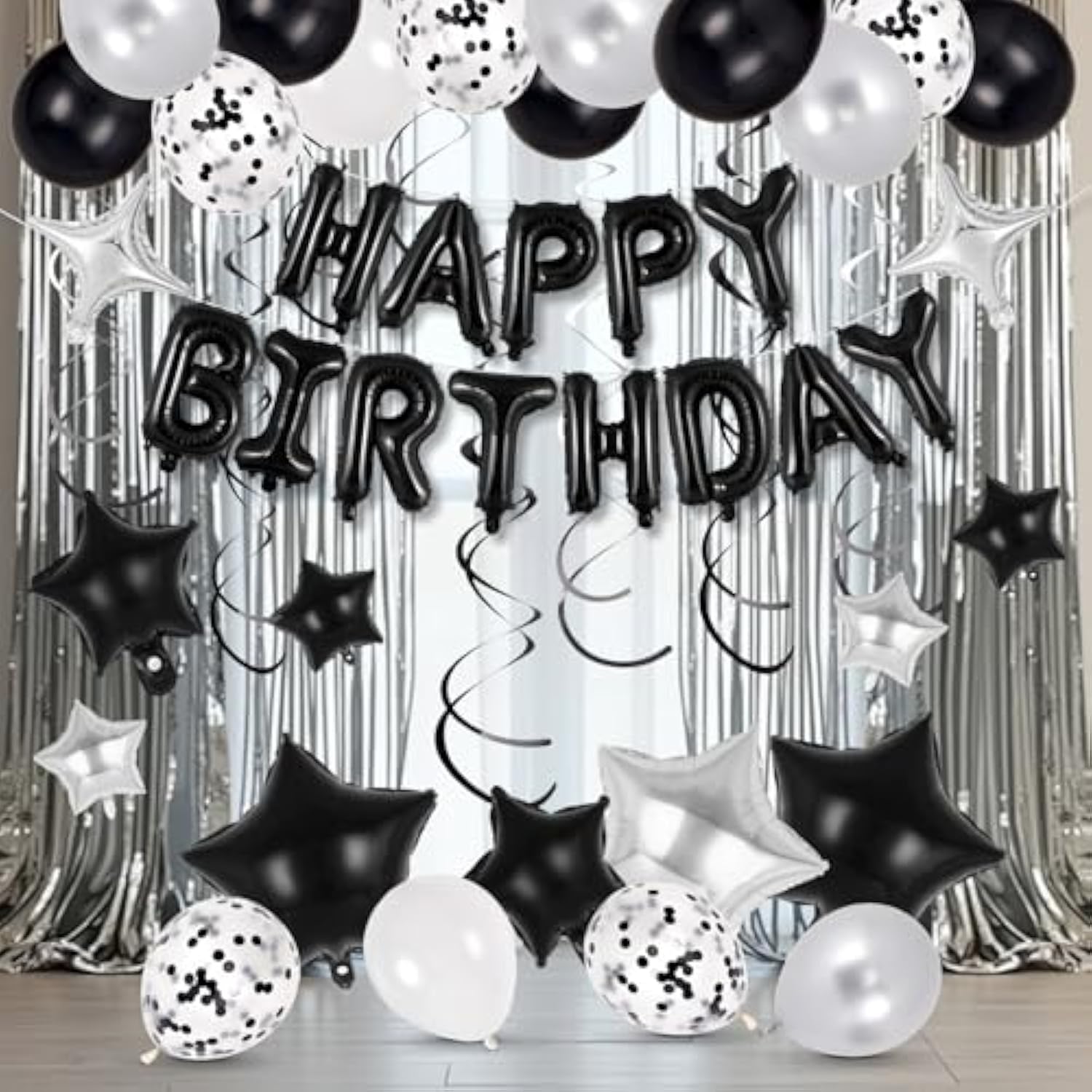 55 Pcs Black Happy Birthday Letter Balloons Stars Latex Balloons Swirls Set