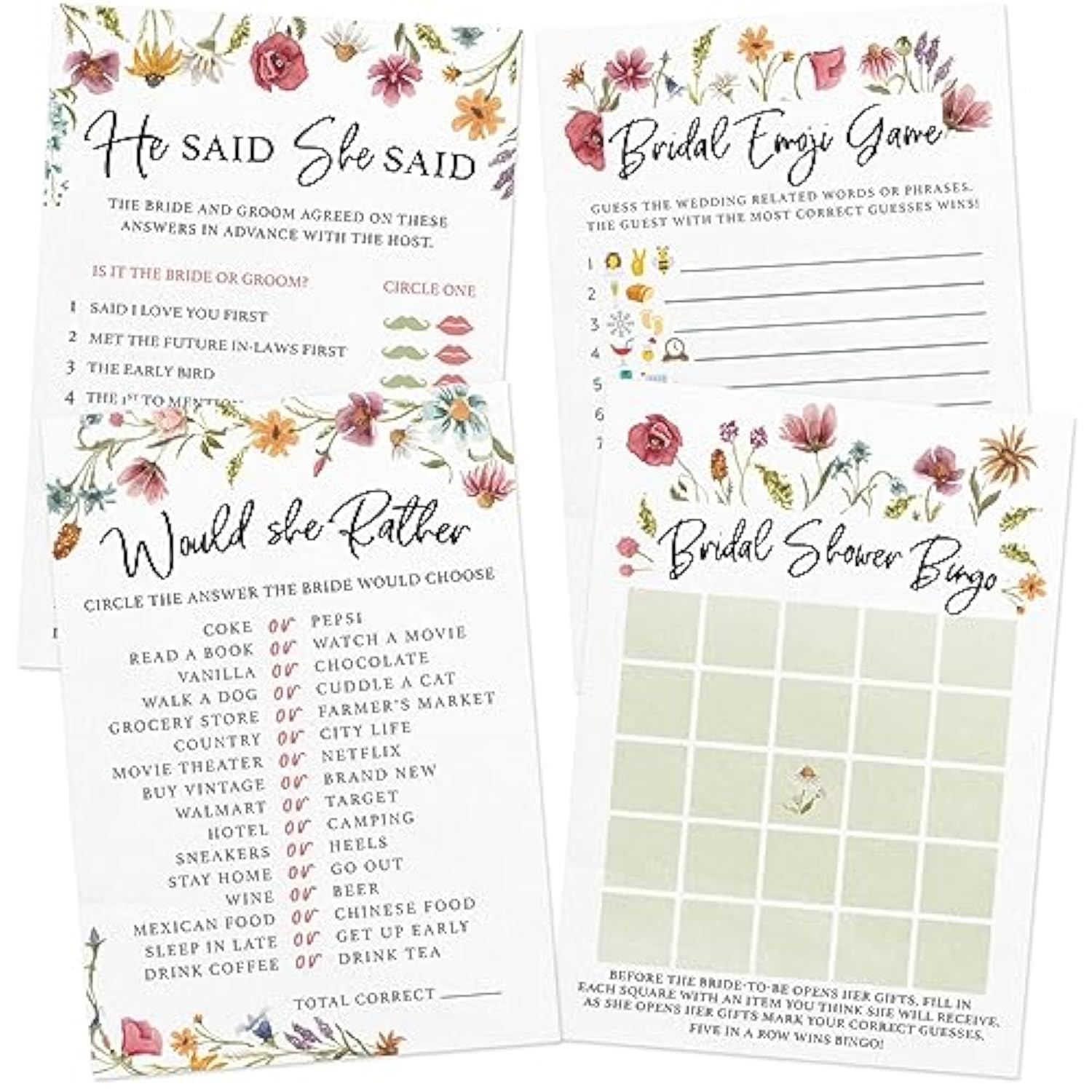 Bridal Shower Game Set – 4 Fun Games And Activities For 30 Guests, Includes Bingo, Emoji Guessing, And Bride & Groom Trivia, Love In Bloom Wildflower Design