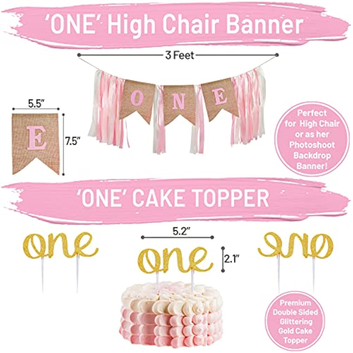 First Birthday Decorations For Girl | 1St Baby Girl Number 1 Balloon, Happy Birthday Banner, “One” Cake Topper, Star Garland, Marble Pink, Gold Confetti, Heart Balloons, Paper Tassels |