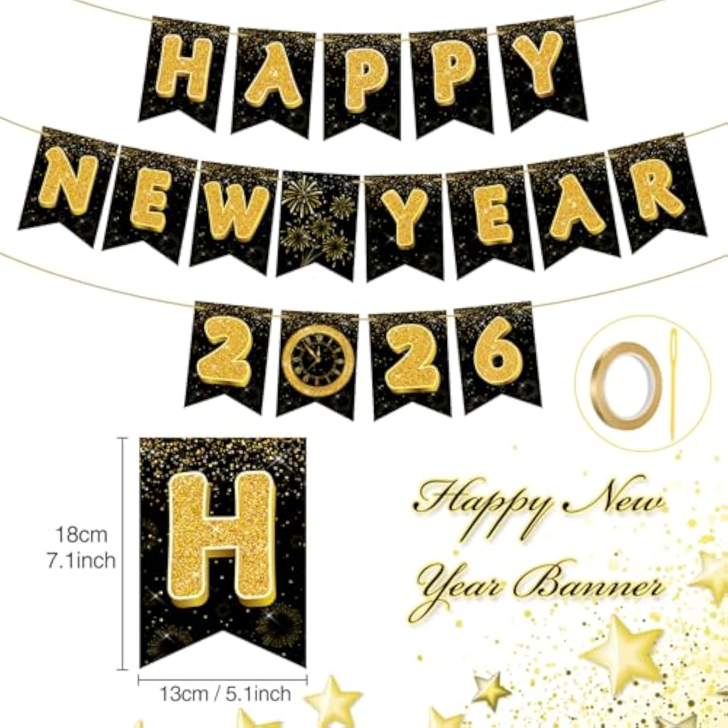 2026 Happy New Year Gold Black Banner with Flowers Flags and Streamers