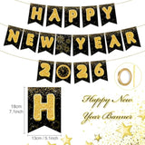 2026 Happy New Year Gold Black Banner with Flowers Flags and Streamers