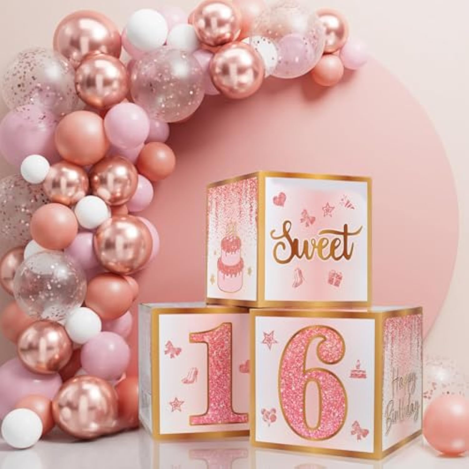 Sweet 16 Party Decorations,16Th Birthday Boxes Decor For Girls Women Sweet Sixteen Happy Birthday Banner Kits Pink Rose Gold Foil Balloons Party Supplies Rose Gold Tassel Curtain