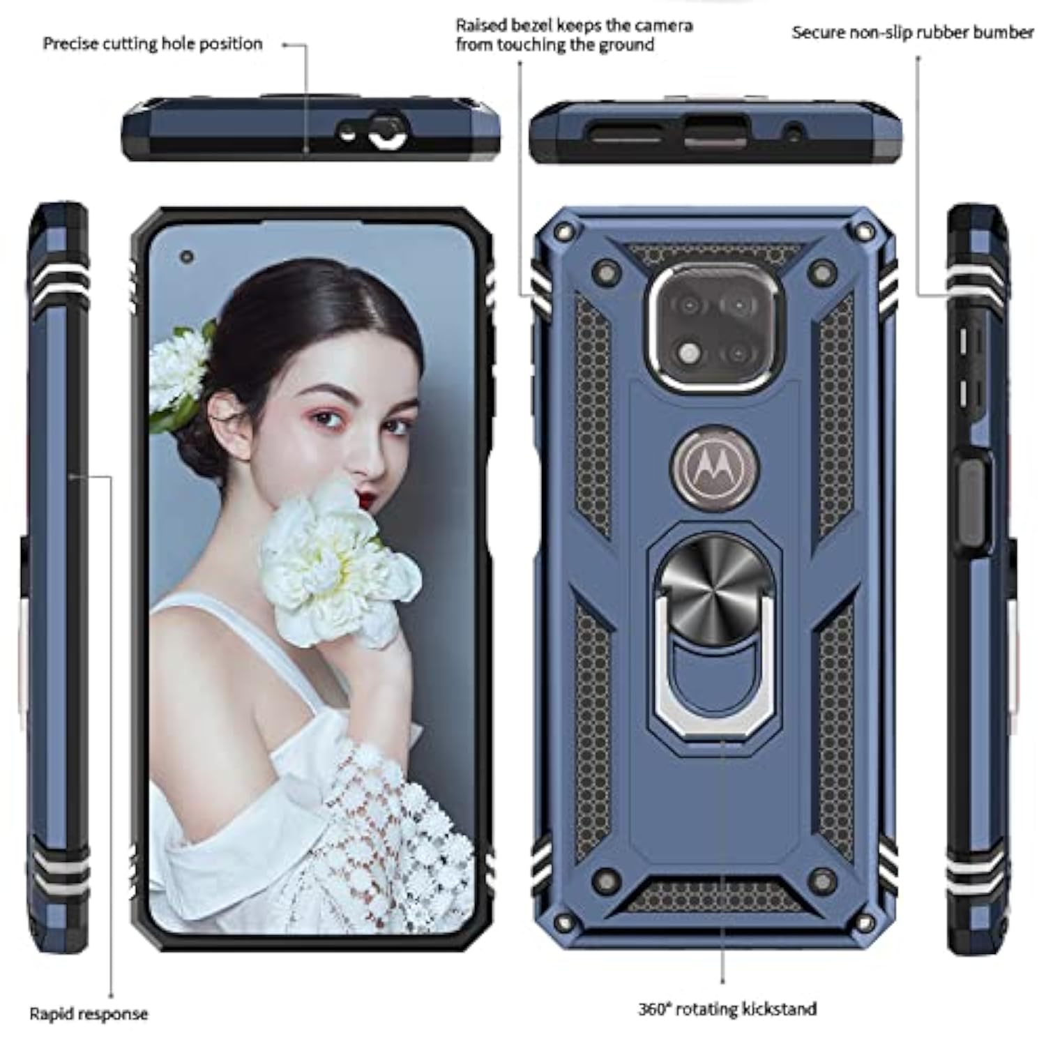 For Moto G Power 2021 Case (Not Fit 2020/2022) With [2 Pack] Tempered Glass Screen Protector, [Military-Grade] Shockproof Protective Phone Case With Ring Stand For Motorola G Power 2021, Blue