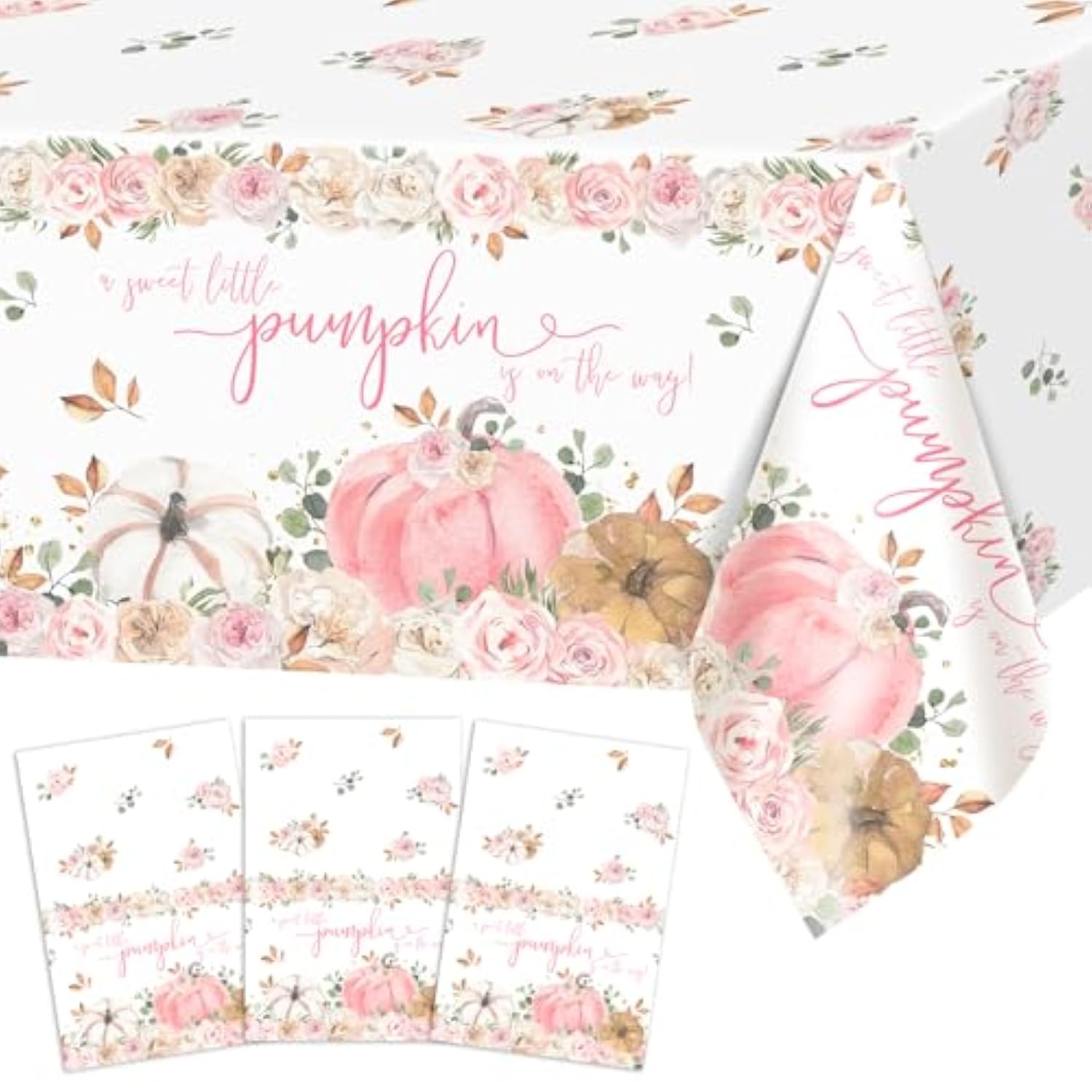 3 Pcs Pink Pumpkin Baby Shower Tablecloths 108X54 Inch Fall Baby Shower Decorations For Girl A Sweet Little Pumpkin Is On The Way Party Supplies