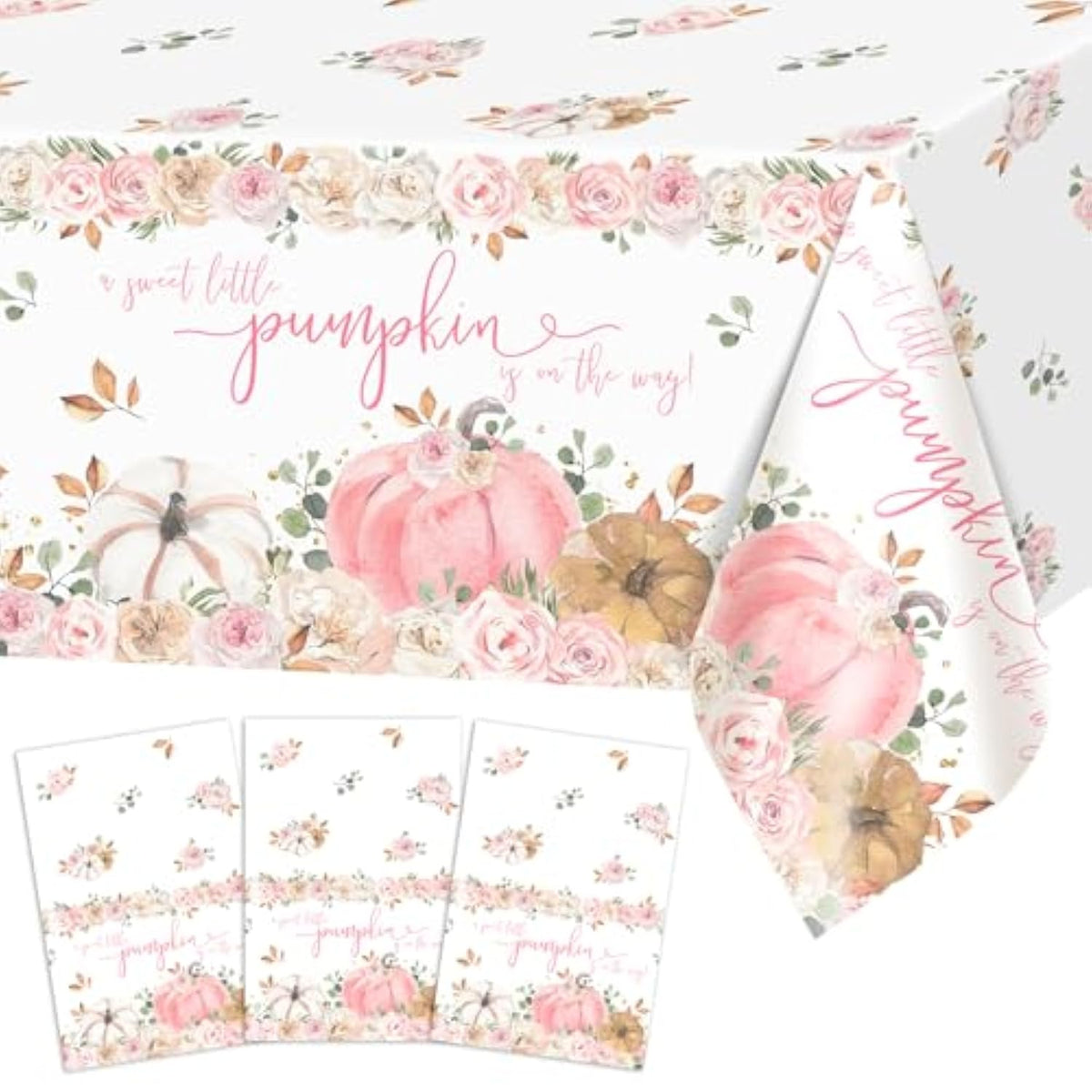3 Pcs Pink Pumpkin Baby Shower Tablecloths 108X54 Inch Fall Baby Shower Decorations For Girl A Sweet Little Pumpkin Is On The Way Party Supplies