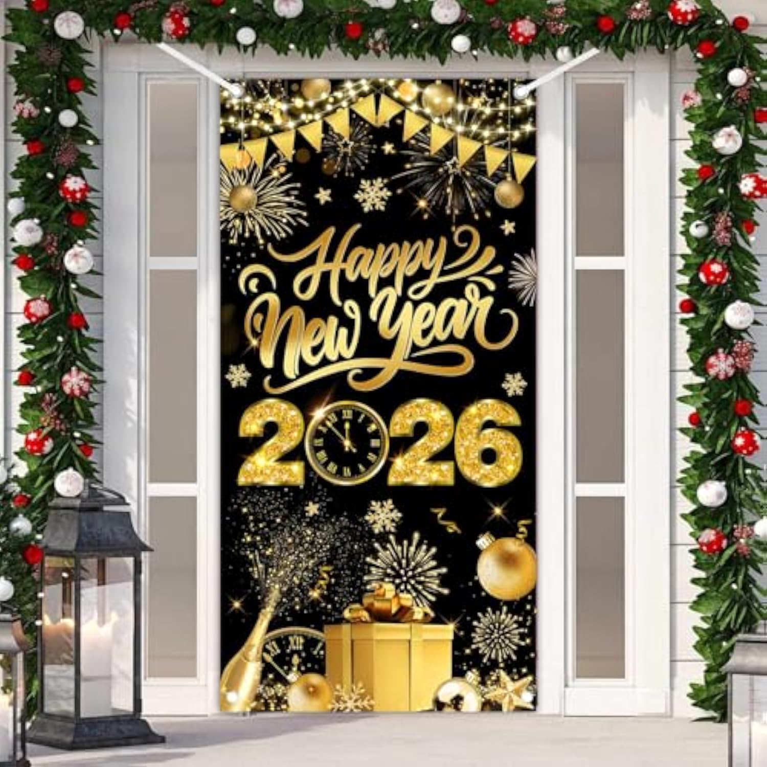 Black Gold New Year 2026 Door Cover Large NYE Front Door Banner Backdrop