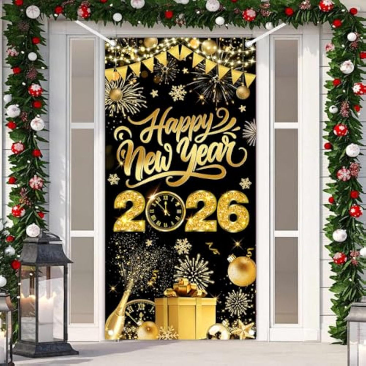 Black Gold New Year 2026 Door Cover Large NYE Front Door Banner Backdrop