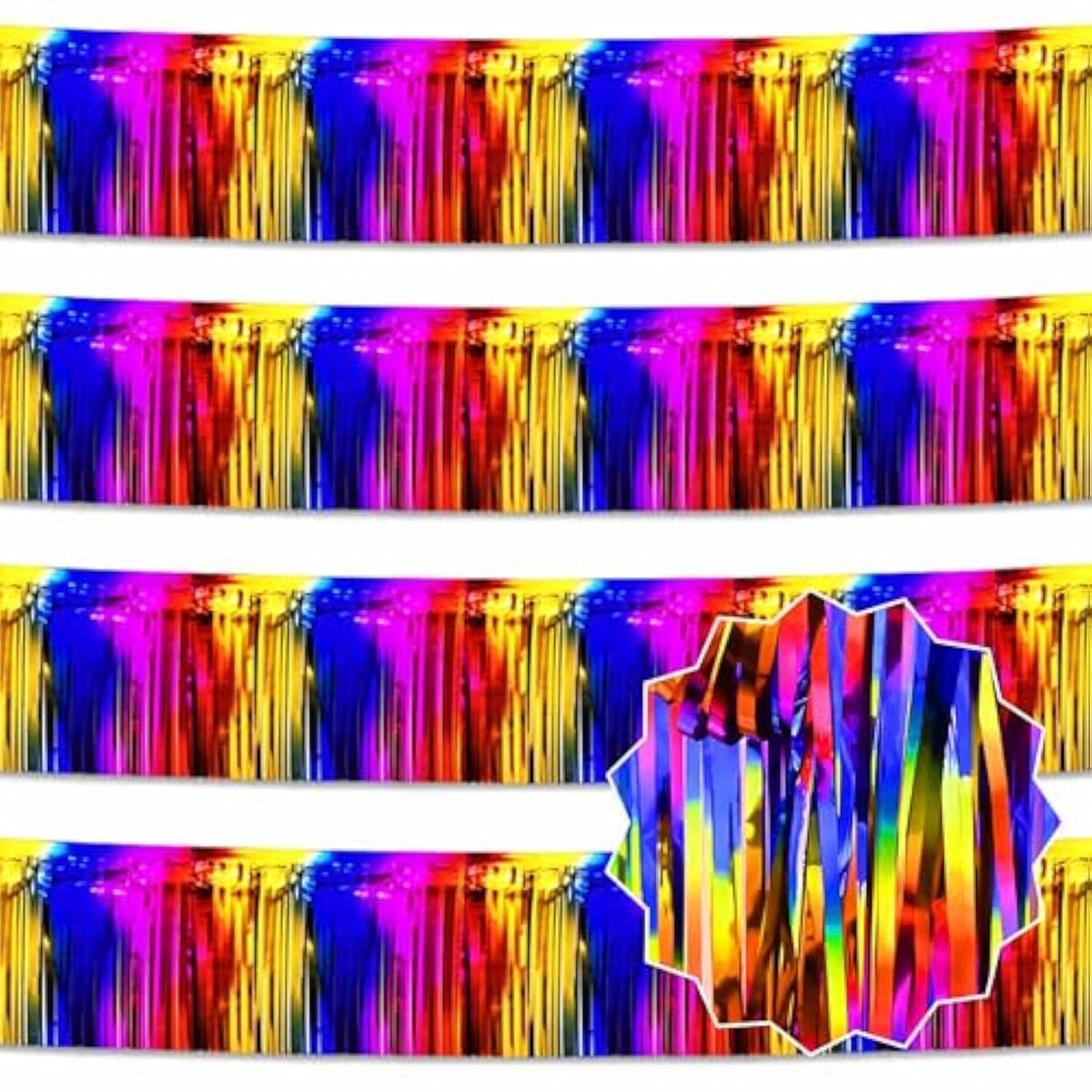 4 Pack 10 Ft Rainbow Foil Fringe Garland Metallic Streamers Tinsel Banner Wall Hanging Garland Backdrop For Parade Floats, Halloween, Christmas, Thanksgiving, New Year Party Decorations