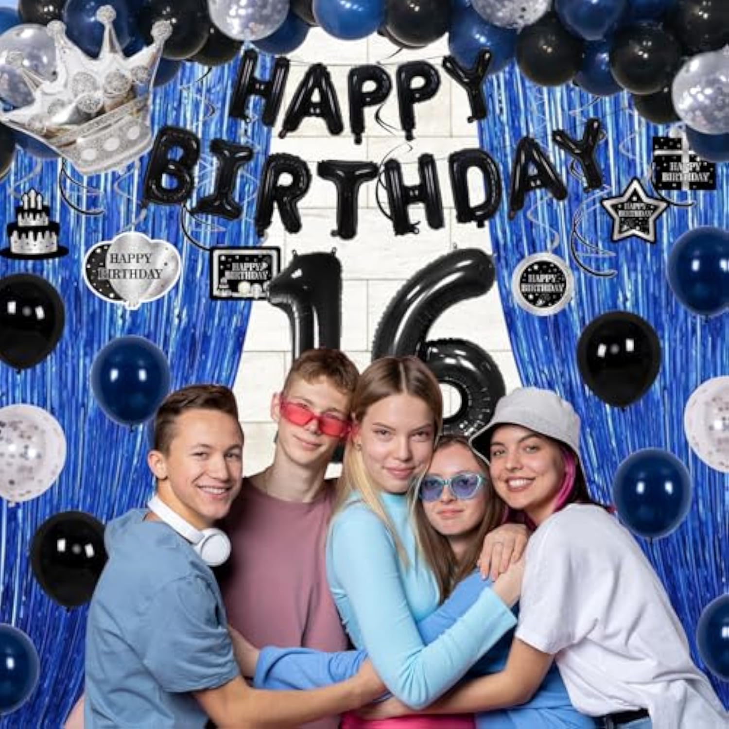 16Th Birthday Decorations For Boys Girls, Happy 16Th Birthday Boy Decorations Blue Black 16 Year Old Bday Party Balloons Supplies Tablecloth, Fringe Curtains, Hanging Swirls Decor For 16 Birthday