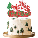 Merry Christmas Cake Topper Green & Red Glitter Tree Pick