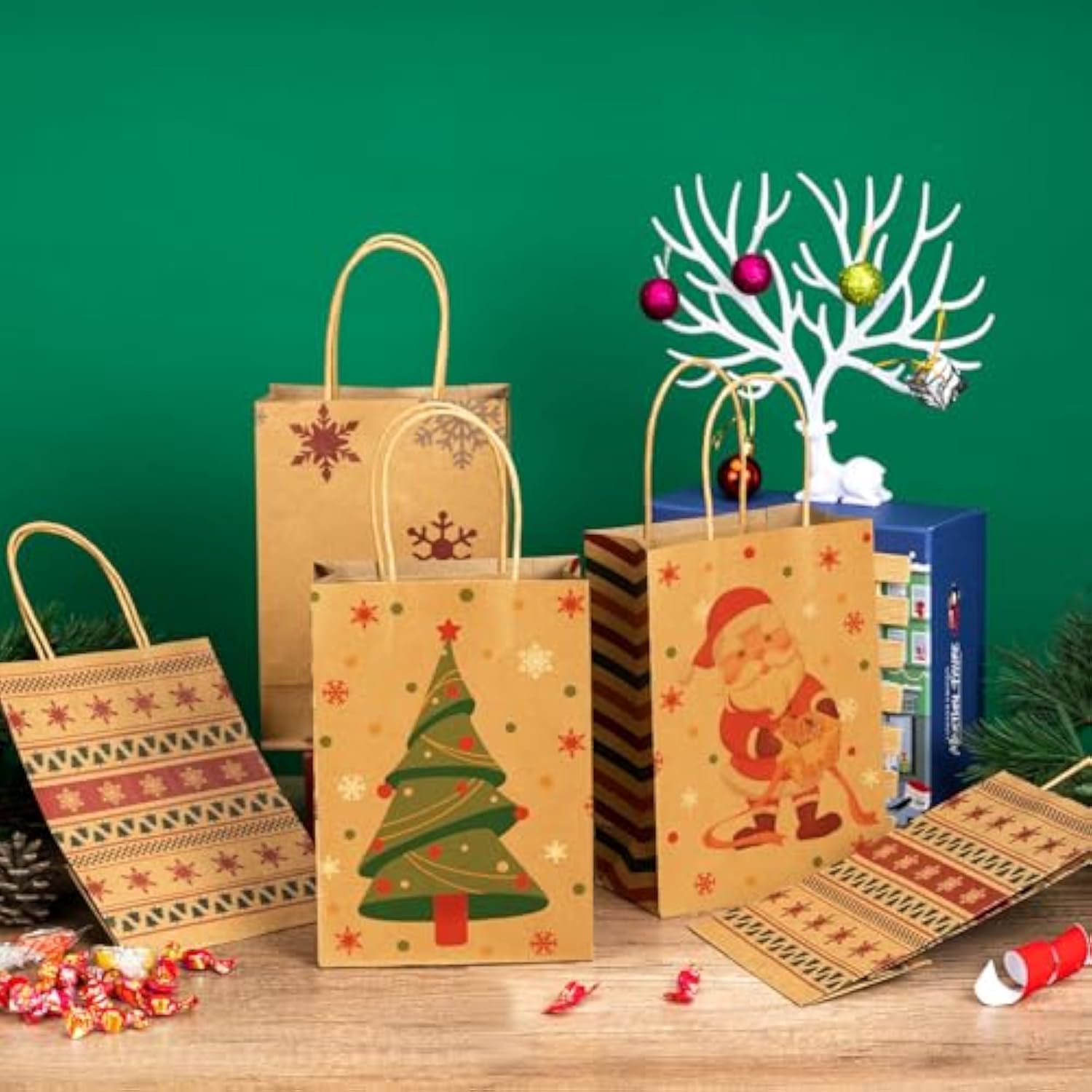 24 Pcs Small Christmas Gift Bags With Handles, 4 Designs Xmas Kraft Paper Bags For Christmas Goody Bag, Party Favors (5.8 X 3.2 X 8.25)