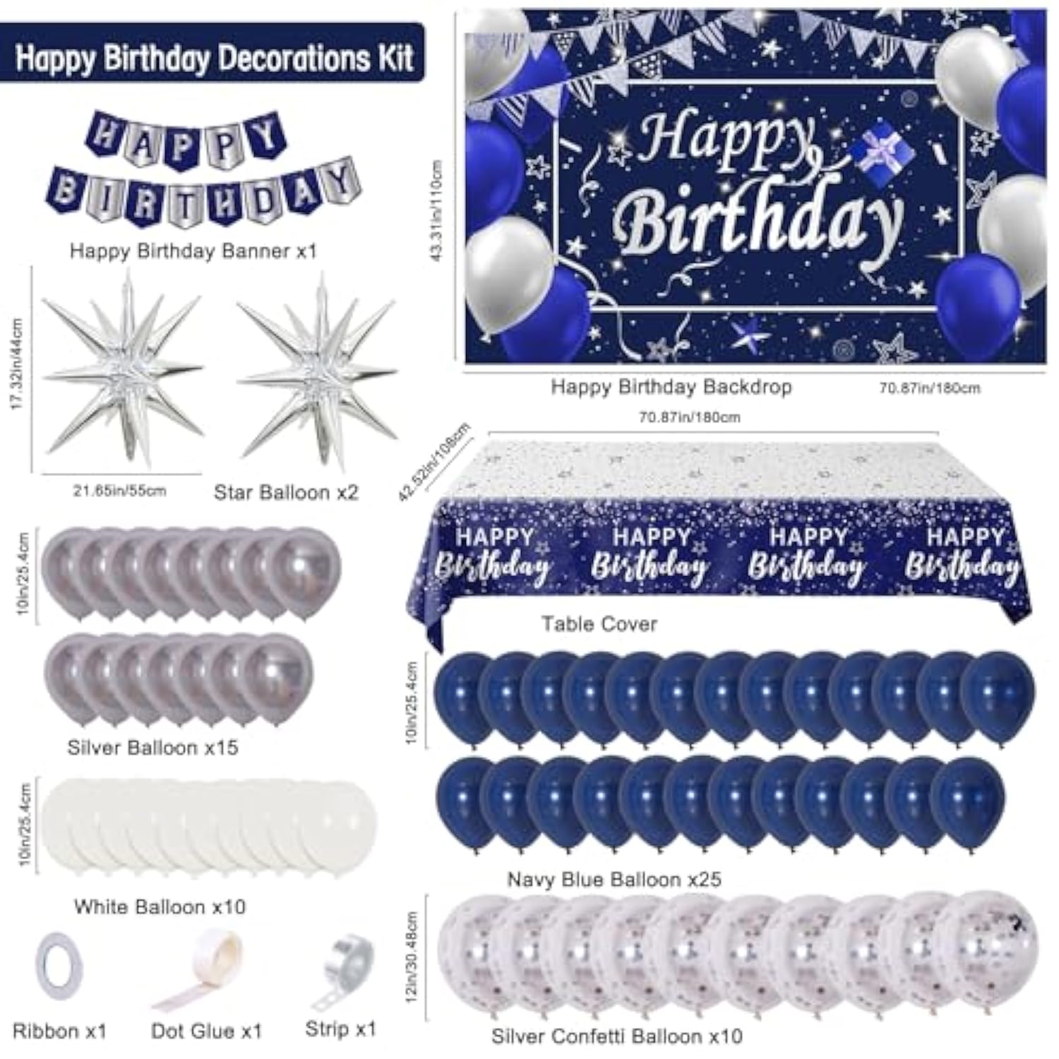 Navy Blue Birthday Decorations For Men Boys Women Girls, 80 Pcs Blue And Silver Party Decorations, Happy Birthday Backdrop Banner Party Supplies Blue Silver Confetti Star Balloons Arch Tablecloth