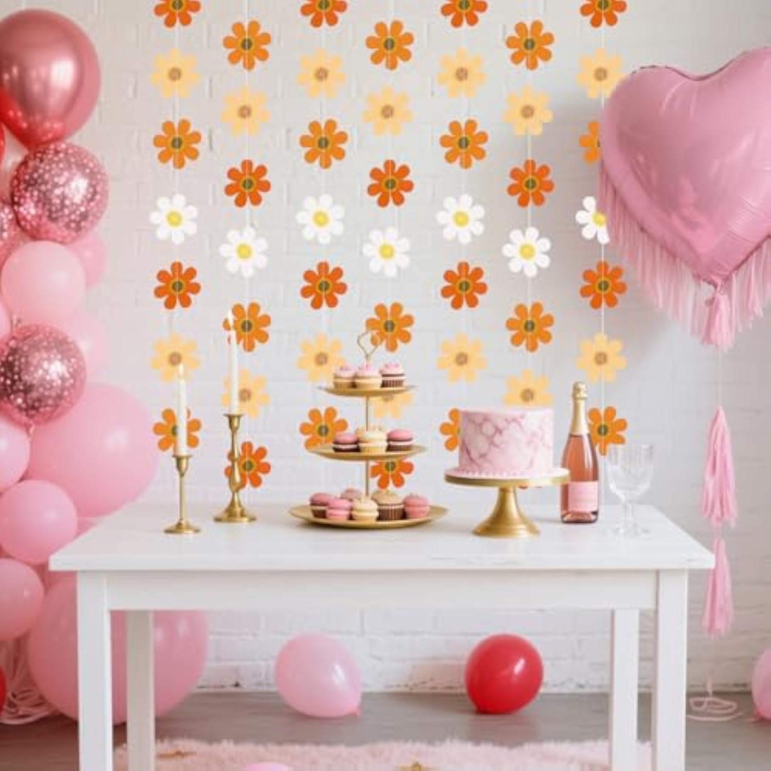 8Pcs Daisy Groovy Party Hanging Banners Daisy Polka Dot Garland Hippie Party Supplies Streamer Paper Banners For Birthday Wedding Bridal Shower Spring Party Decor