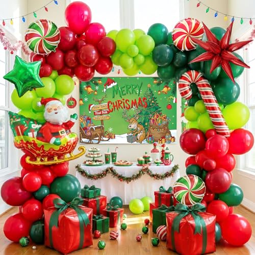 Christmas Balloon Garland Arch Kit with backdrop Xmas Red Green Balloons Candy Cane Santa Claus Star Foil Balloons for Christmas New Year Birthday Party Decorations