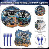 96 Pcs Party Plates, Monster Truck Paper Plates And Napkins Party Supplies For Monster Trcuck Theme Birthday For Kids, Disposable Tableware Sets, Serve For 24 Guests, Dark Blue