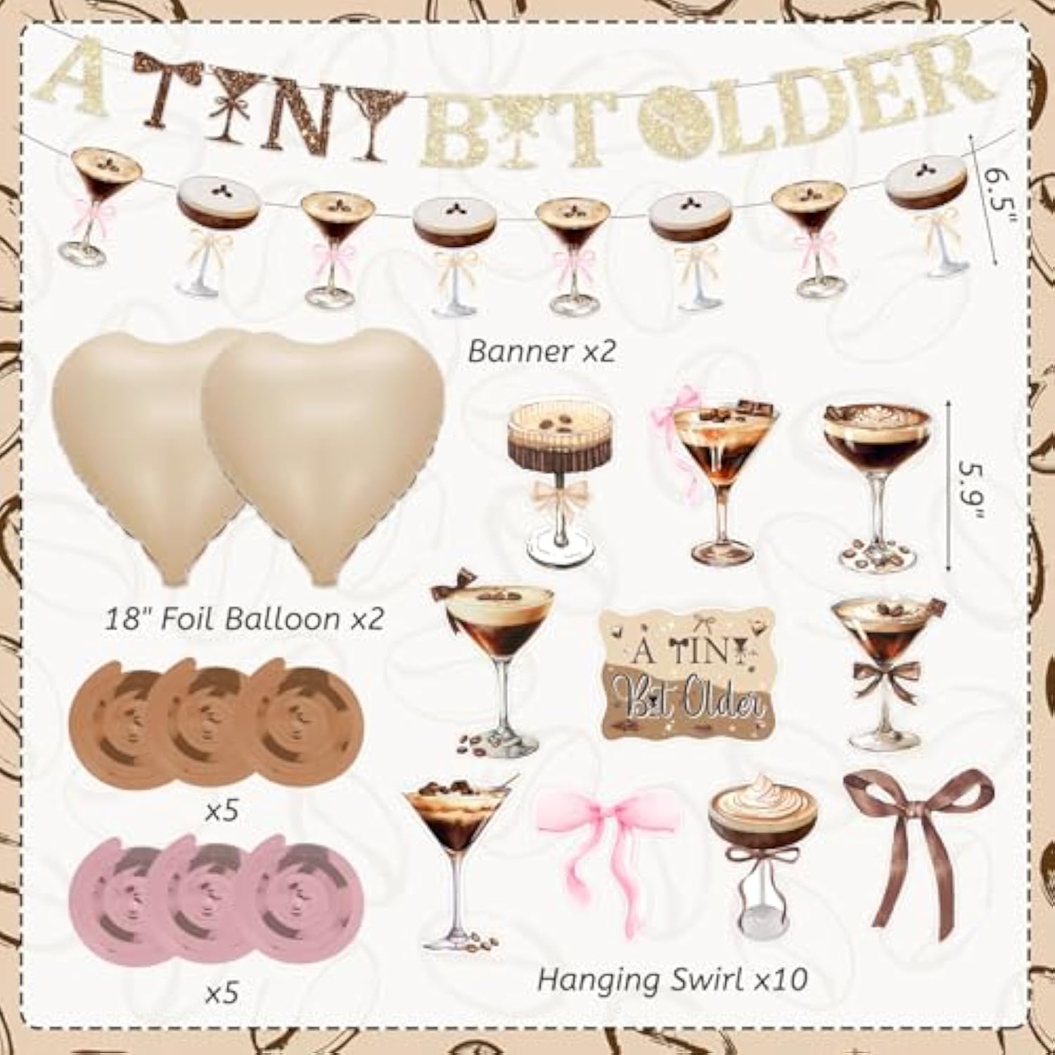 24Pcs Espresso Martini Birthday Party Decorations, A Tiny Bit Older Birthday Decorations Gold Brown Glitter Banner Balloons Hanging Swirls For Girls Women Martini Bachelorette Bridal Shower Party Supplies