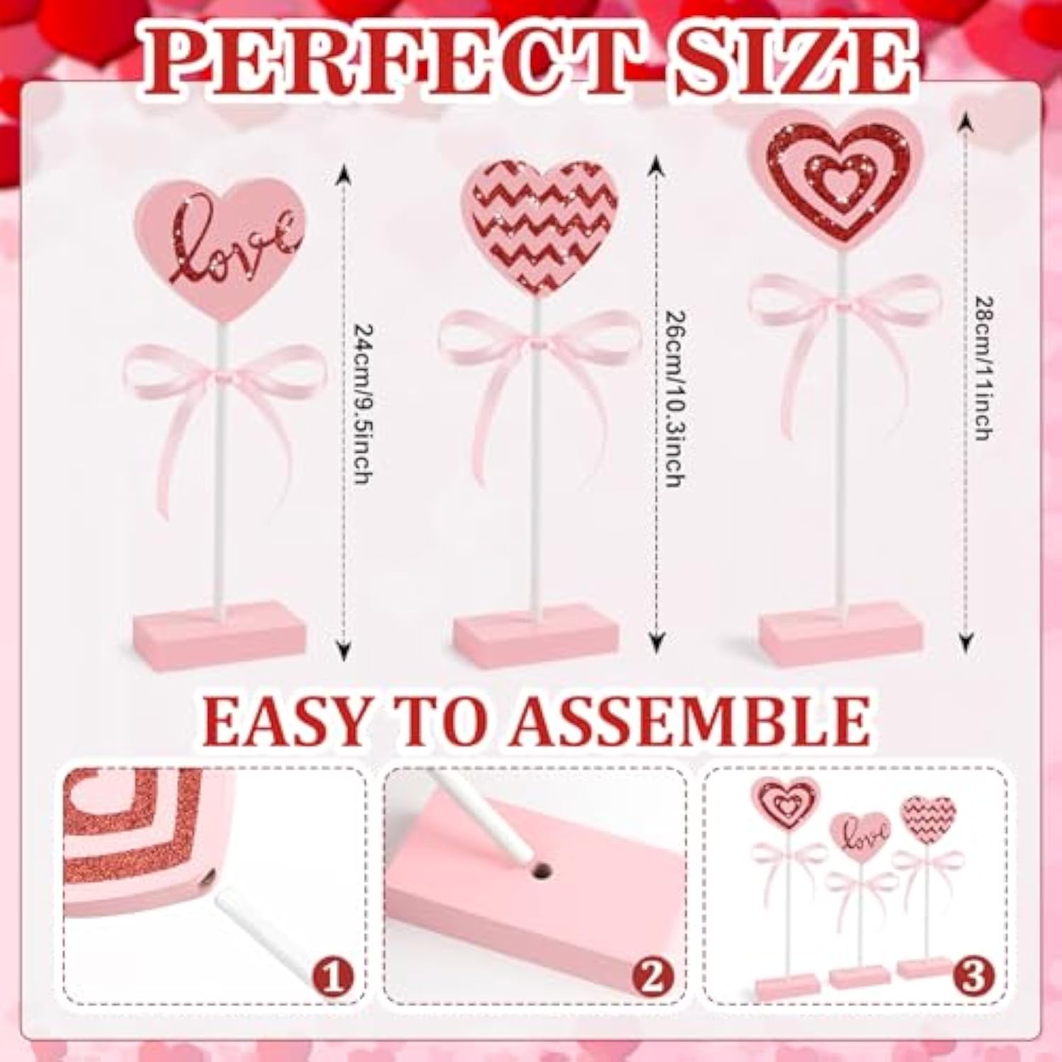 3 Pieces Valentines Day Tiered Tray Decor Set, Wooden Heart Valentines Day Table Decor, Pink Valentines Day Decorations For Home Tables (Pink)