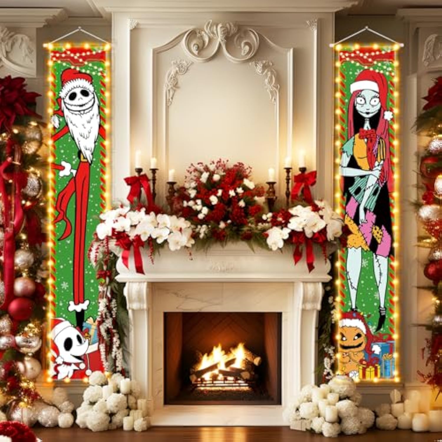 Jack Sally Lighted Banners Porch Signs Christmas Decor Christmas Nightmare Banner Christmas Decorations Before Outdoor Party Indoor Wall Home