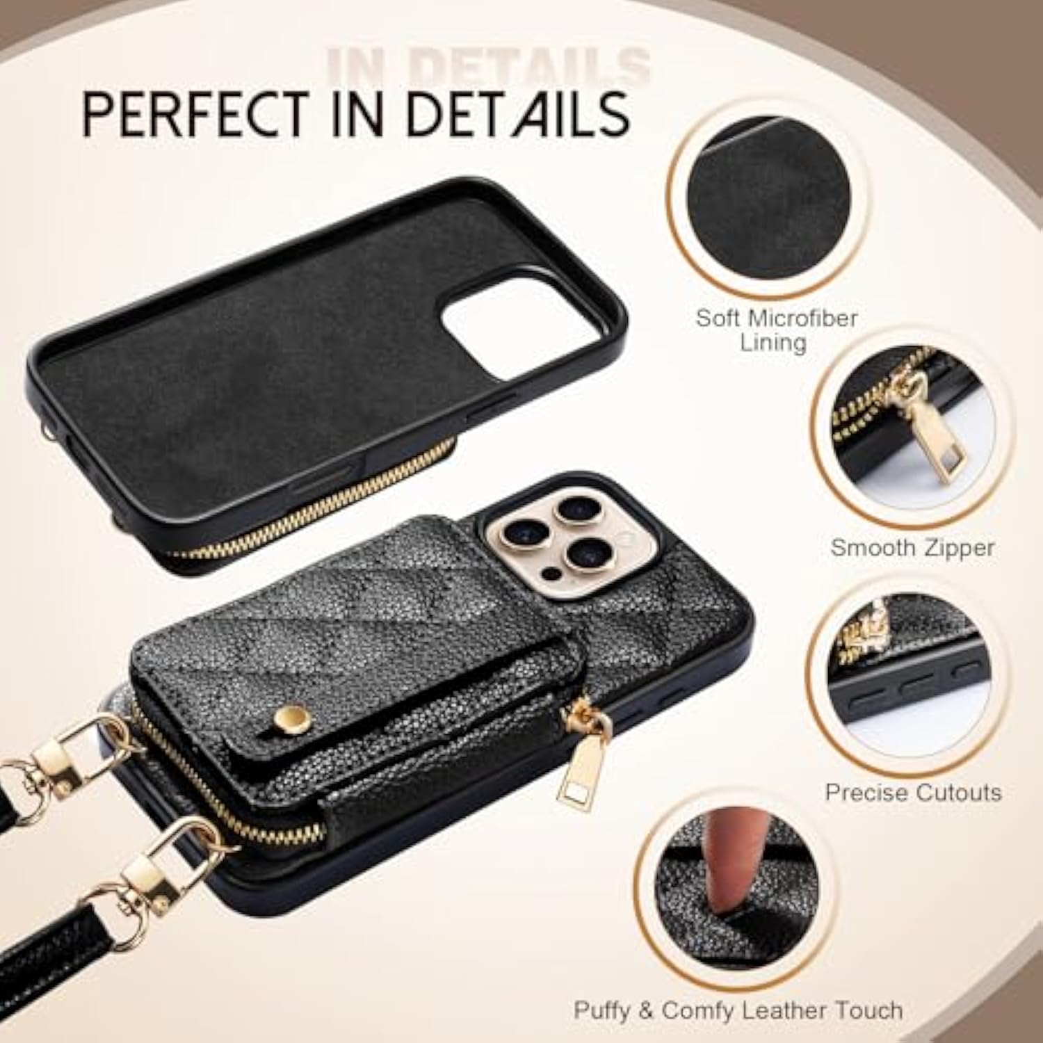 For Iphone 16 Pro Max Wallet Case, Crossbody Phone Strap With Zipper Card Holder, Rfid Blocking Pu Leather Cover For Women, Adjustable Anti-Theft Wrist Strap For Iphone 16 Pro Max 6.9'', Black