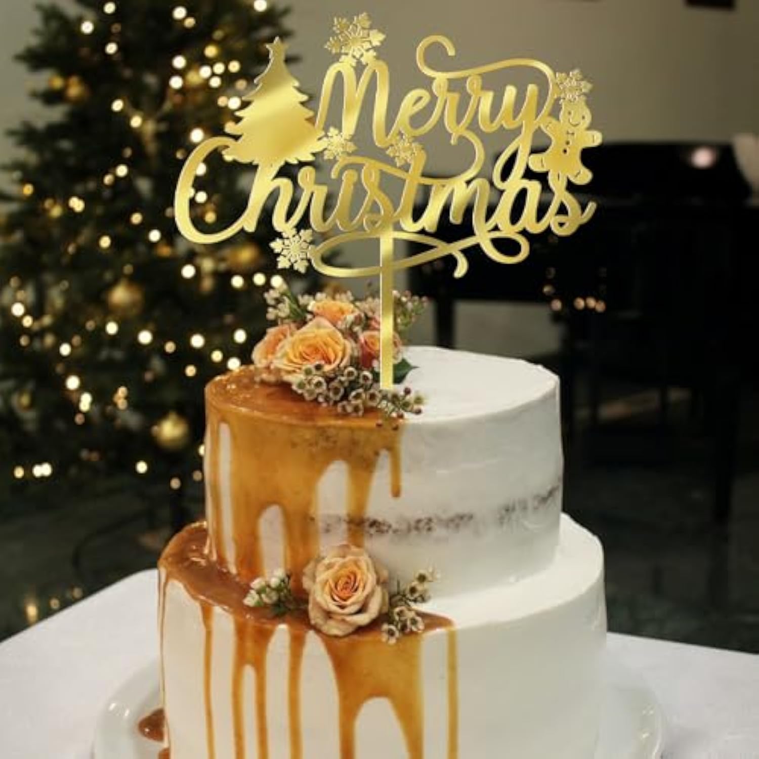 Merry Christmas Cake Topper,Gold Acrylic Xmas Holiday Cake Decorations, For Winter, Santa, Happy New Year Party, Christmas Theme Gingerbread Man Party Cake Decorations