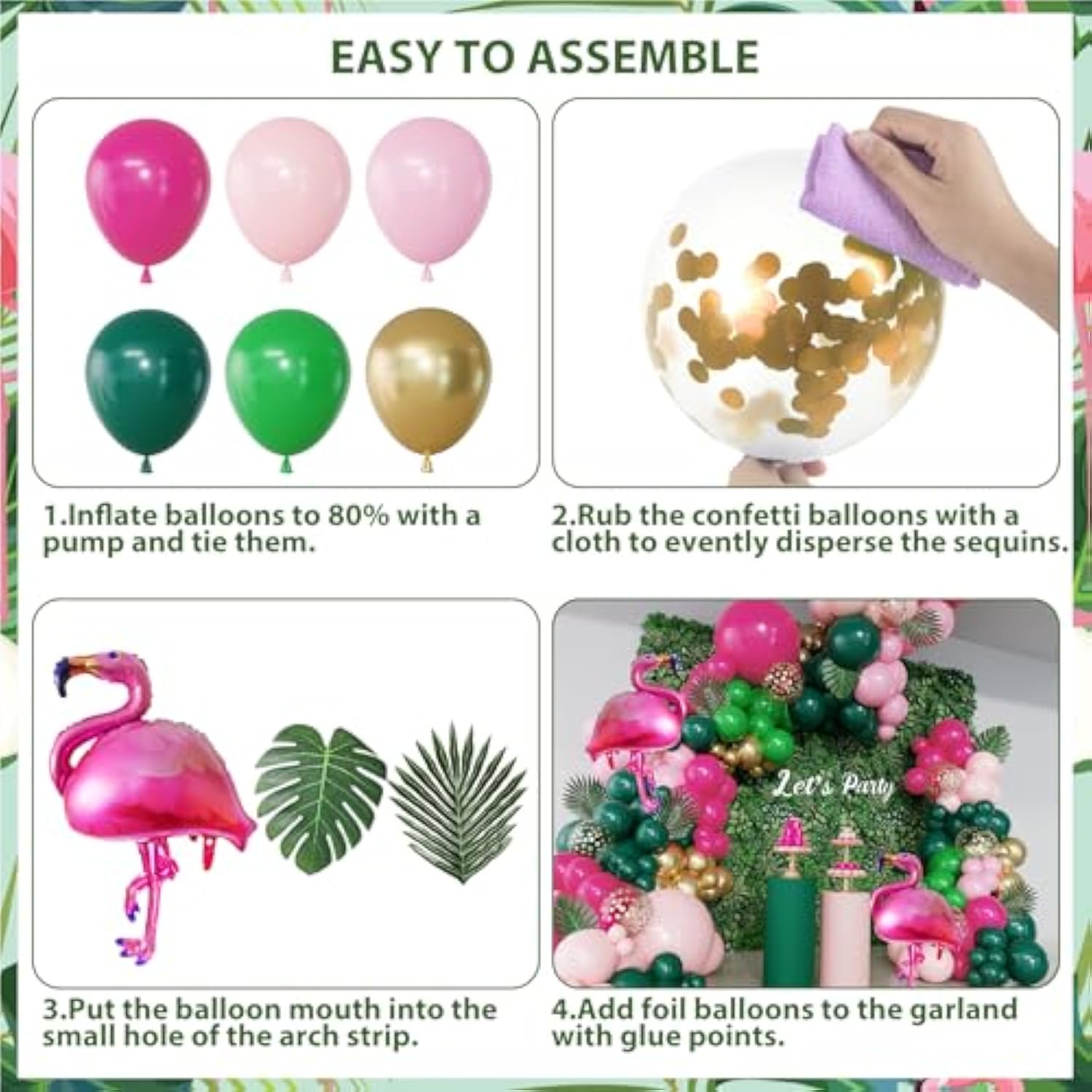 156Pcs Tropical Flamingo Balloon Arch Garland Kit, Hot Pink Dark Green Light Pink Gold Confetti Flamingo Foil Balloons With Palm Leaves For Hawaiian Luau Aloha Summer Beach Birthday Party Decorations