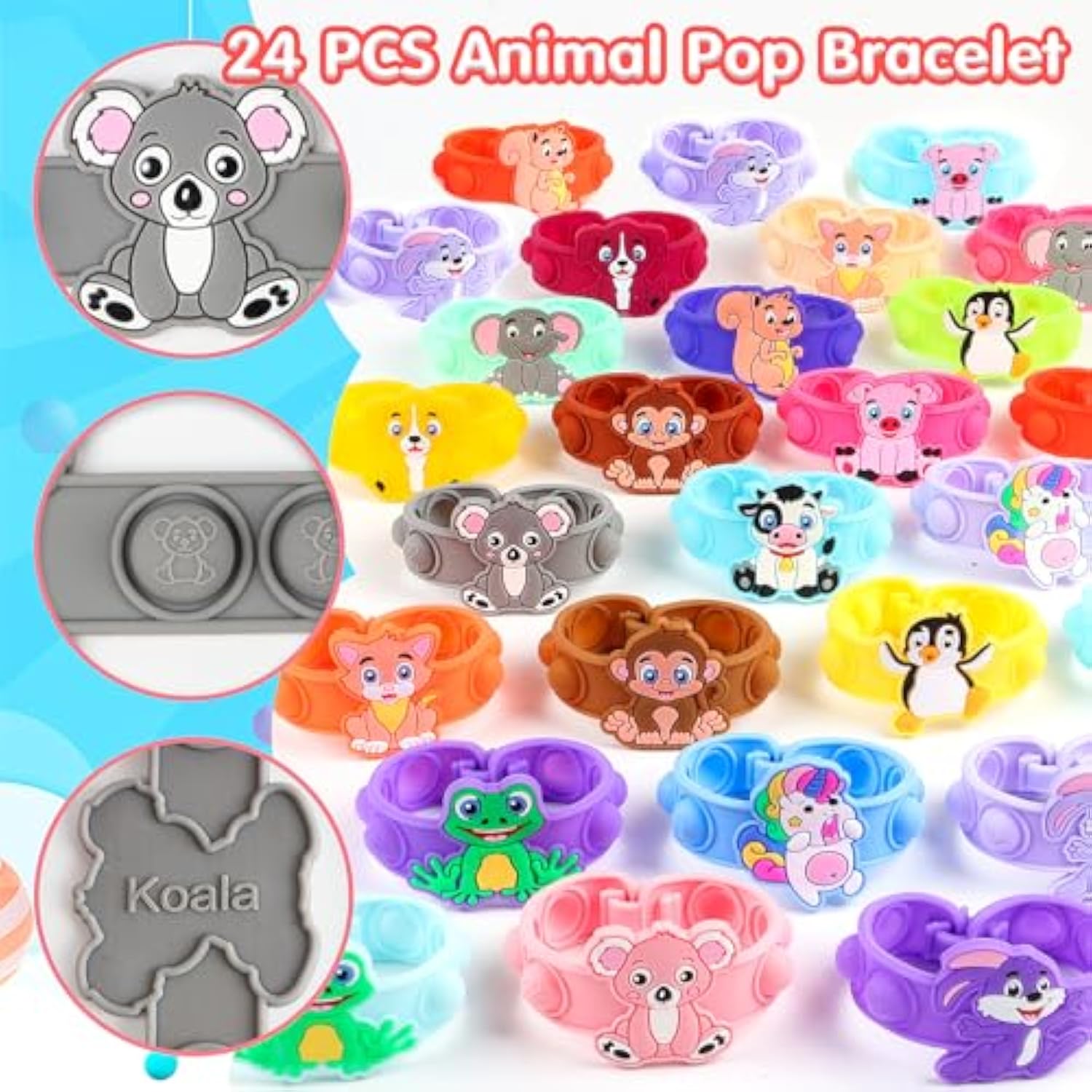 Party Favors For Kids Pop Bracelets 24 Pack Animal Fidget Bracelets,Birthday Gifts,Goodie Bag Stuffers,Carnival Prizes,Classroom Prizes