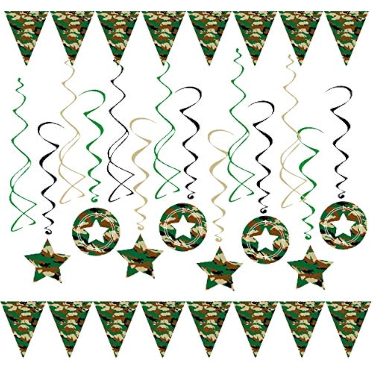 Camo Party Decorations Kit – Complete Camouflage Birthday Party Supplies With Hats, Blowouts, Treat Bags, 14 Swirls, Pennant Banners & Backdrop For Army, Military, Hunting, Going Away Parties