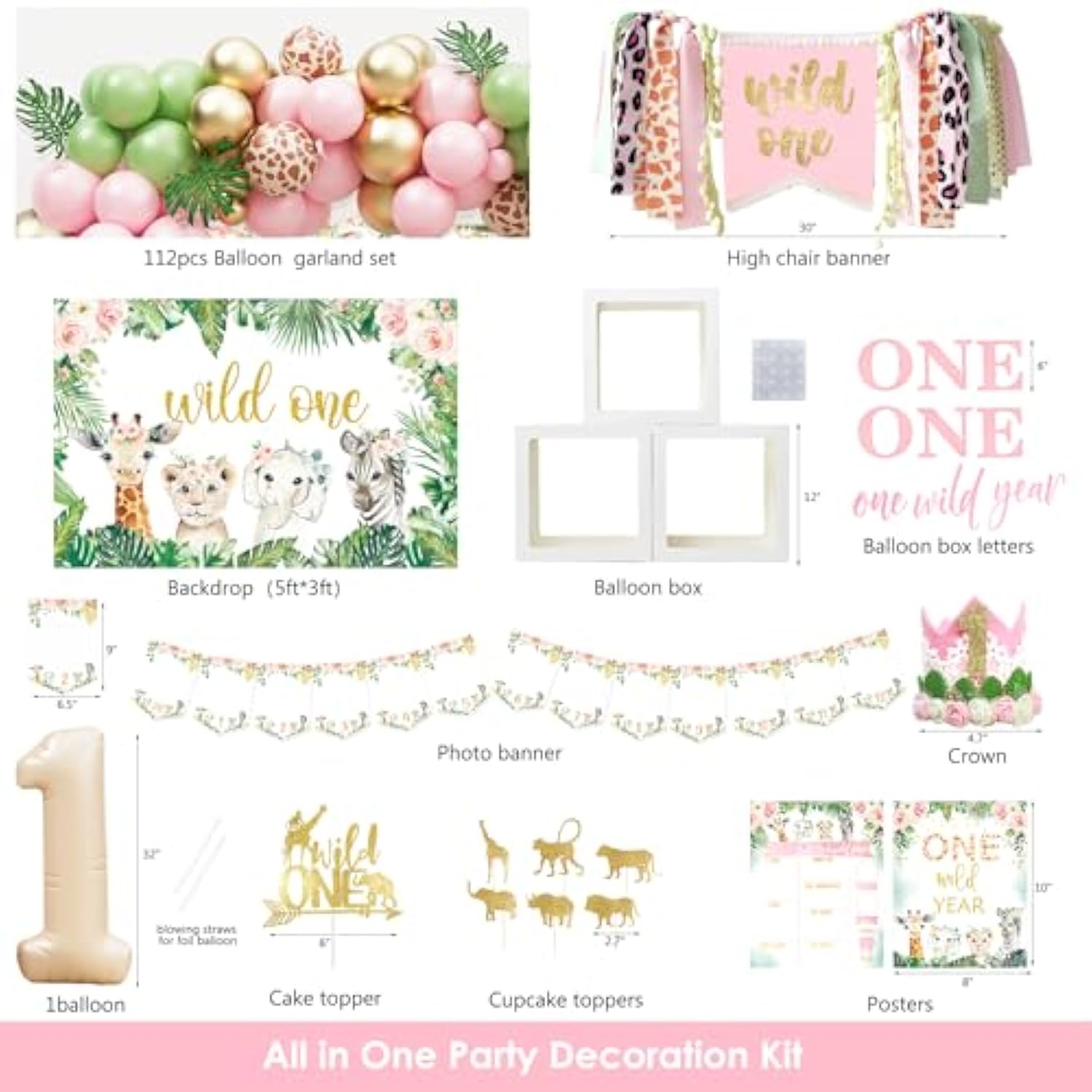 Wild One Birthday Decorations Party Supplies For Girl, 1St Birthday Girl Decorations, Jungle Animal 1St Birthday Party Supplies, First Birthday Decorations For Girls