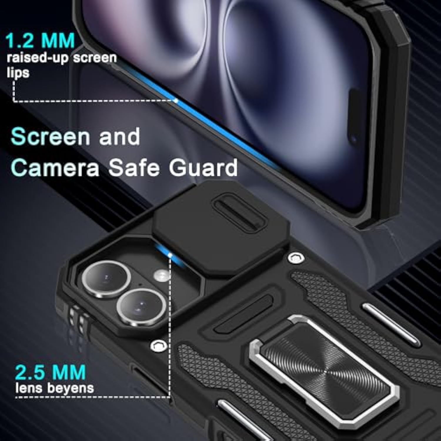 Case For Iphone 16 With Slide Camera Cover+Screen Protector (2 Packs), Rotated Ring Kickstand Military Grade Shockproof Protective Cover-Black