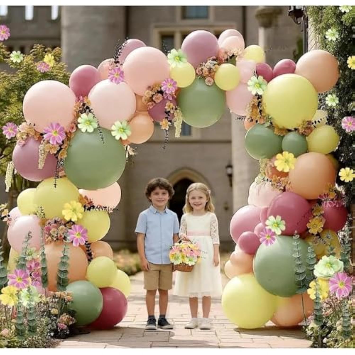 Dusty Green Pink Yellow Balloon Arch Double Stuffed Pastel Green Pink Peach Mauve Balloon Garland Kit With Artificial Flower Leaves For Spring Birthday Baby Shower Fairy Flower Easter Tea Party Decor