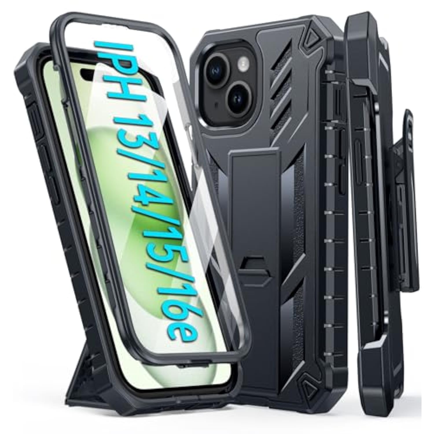 For Iphone 15 Phone Case: For Iphone 14 & 13 & 16E Case Military Shockproof Protective Rugged Cell Phone Cover With Kickstand & Belt-Clip Holster, Heavy Duty Hard Cases 5G - 6.1 Inch Black